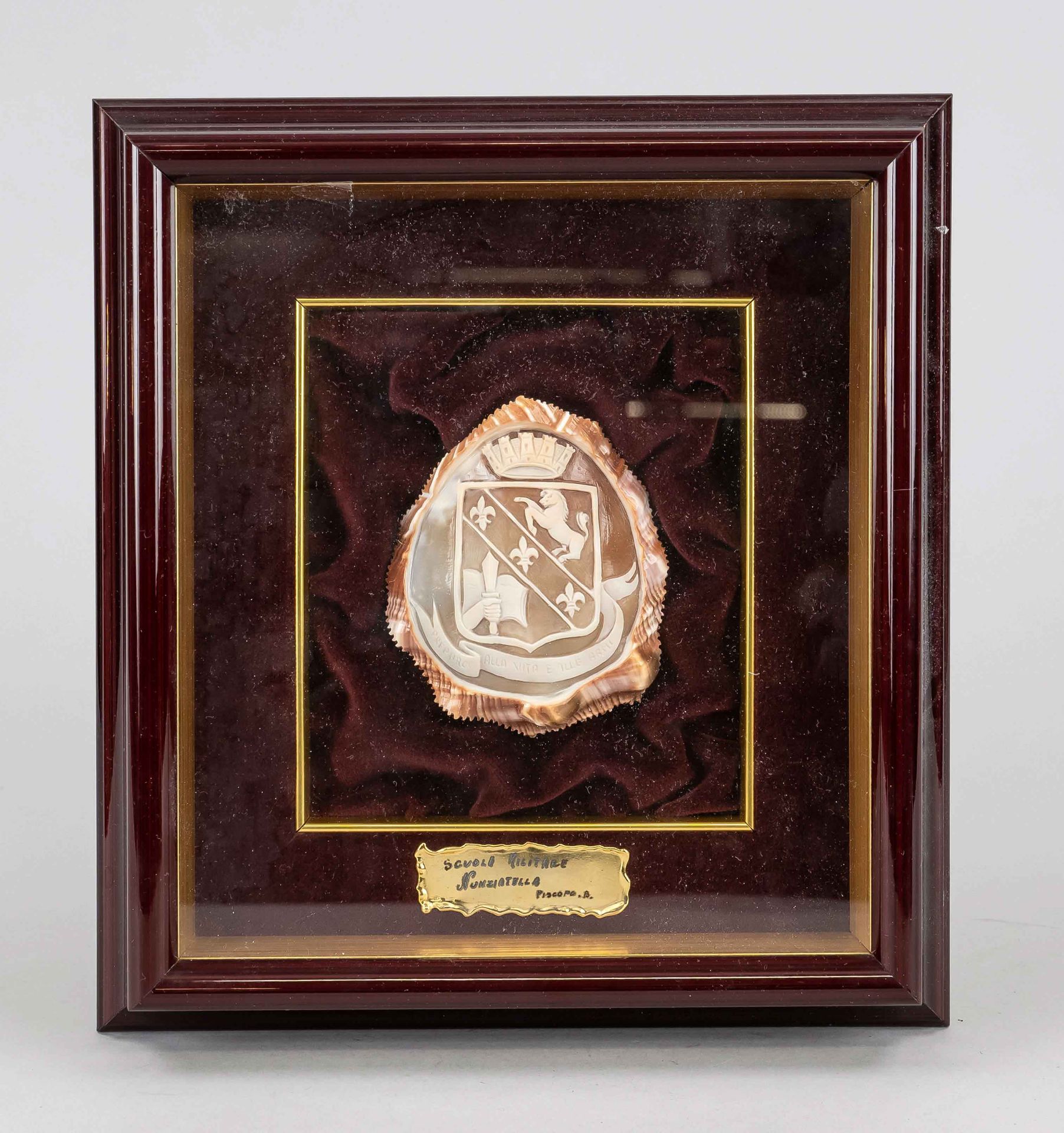 Shellgemme, Italy, 20th c., shell with cut coat of arms and banner (ca. 10 x 8 cm). Bedded in velvet