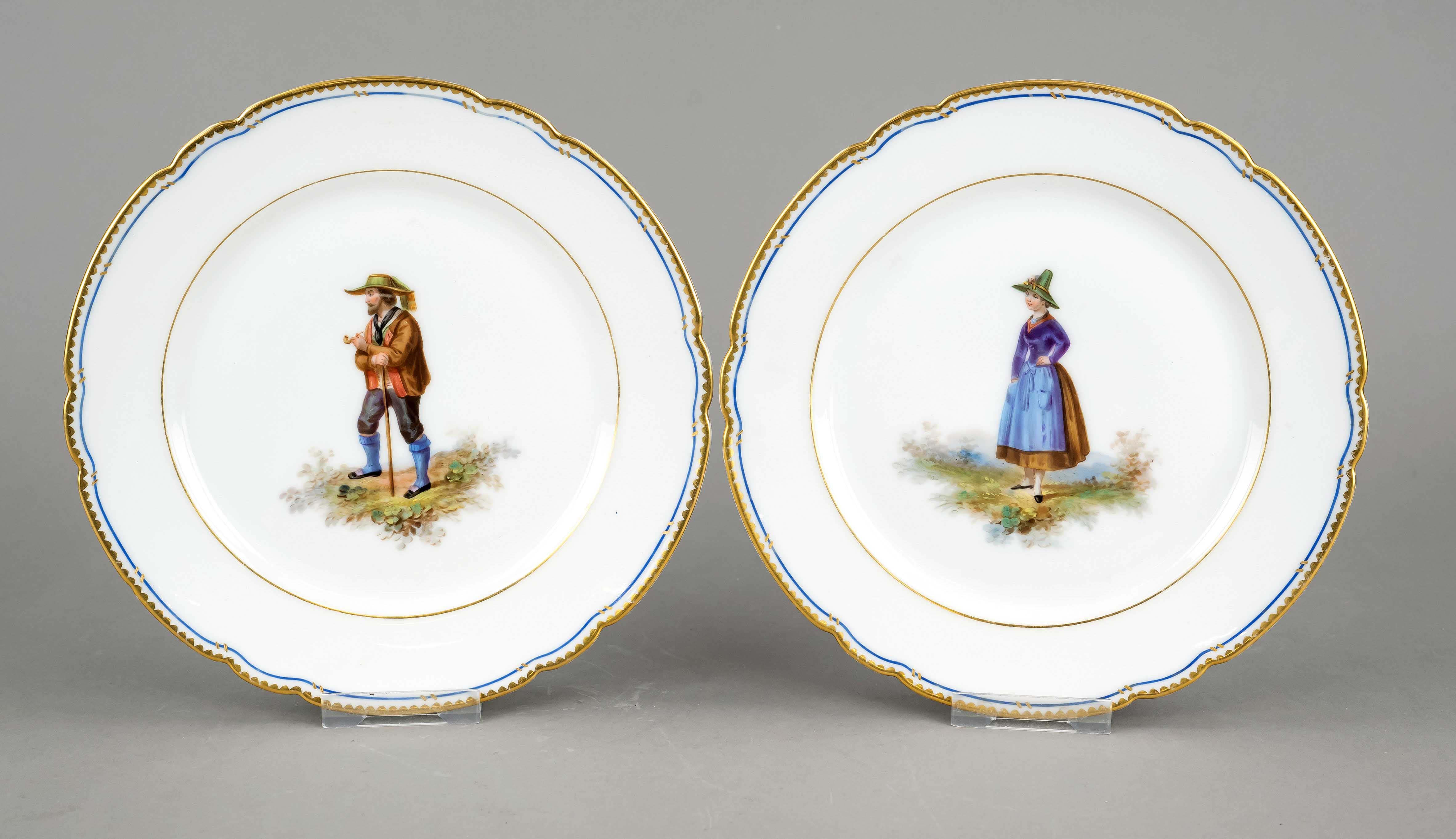 Two plates, end of 19th century, polychrome painting in the mirror depicting a man and a woman in