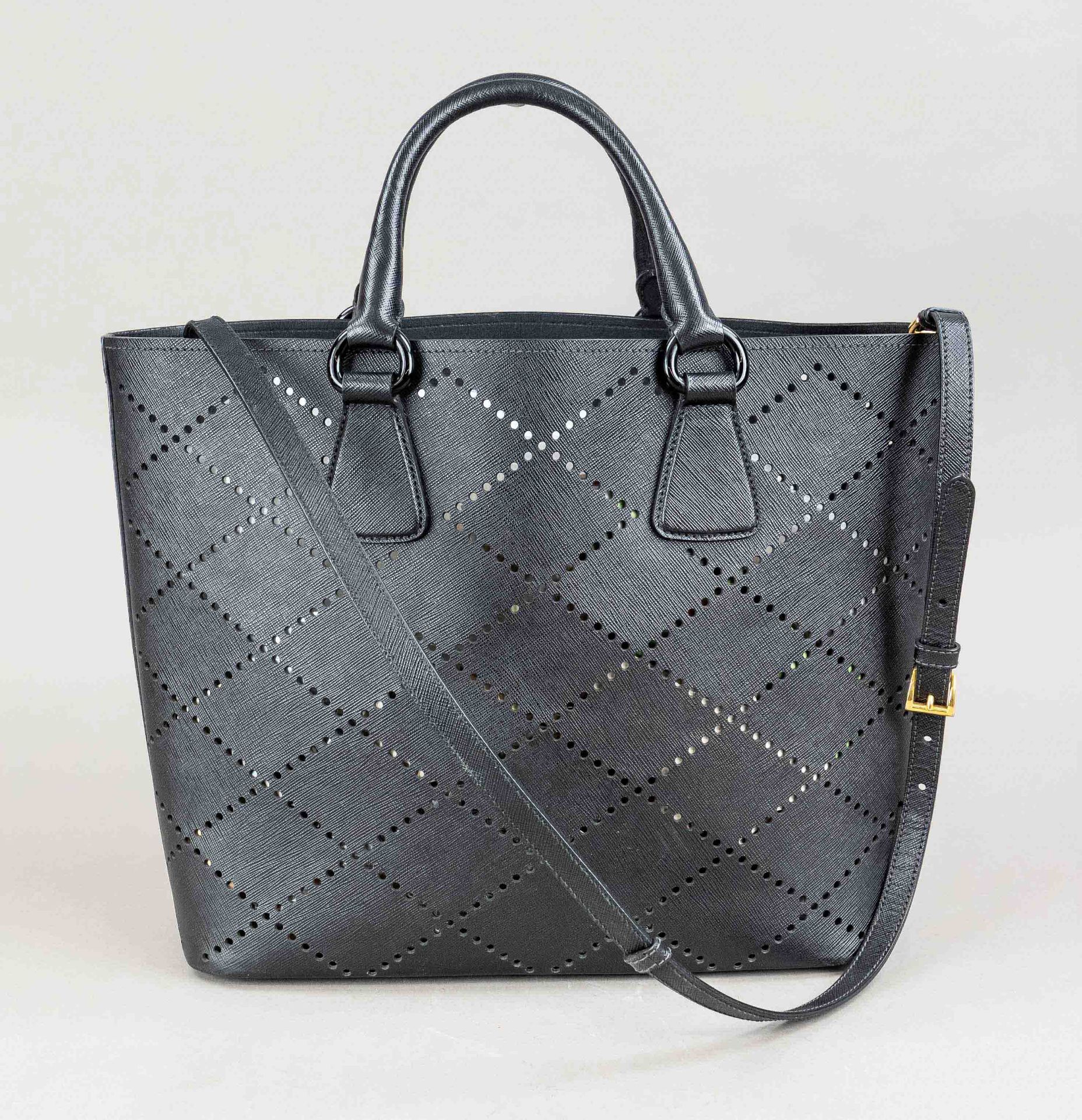 Prada, Black Saffiano Vernice Perforated Leather Oversize Shopping Tote Bag, black textured and