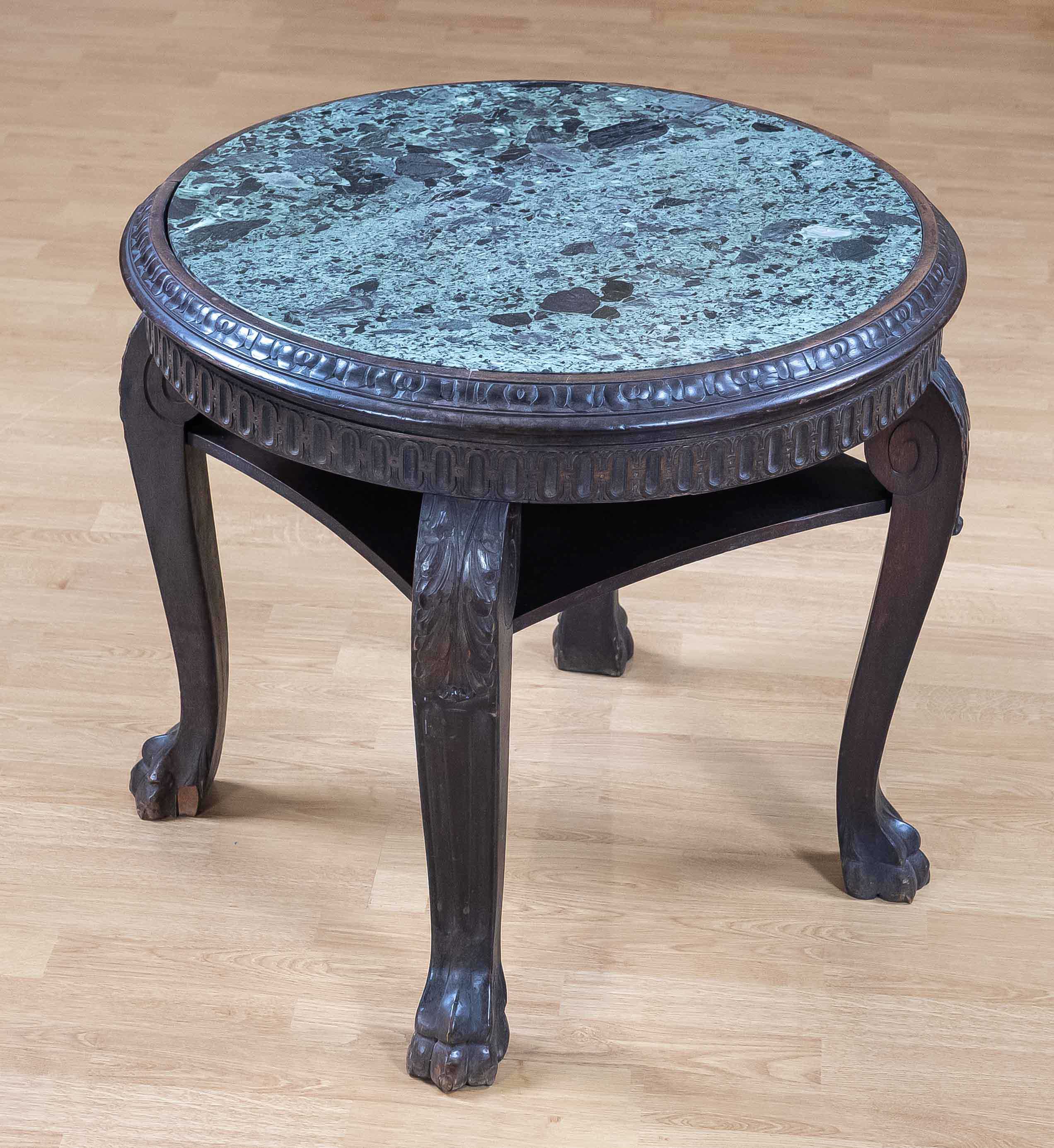 Renaissance style salon table, 19th c., solid beech, walnut stained, green marble, 4 curved claw