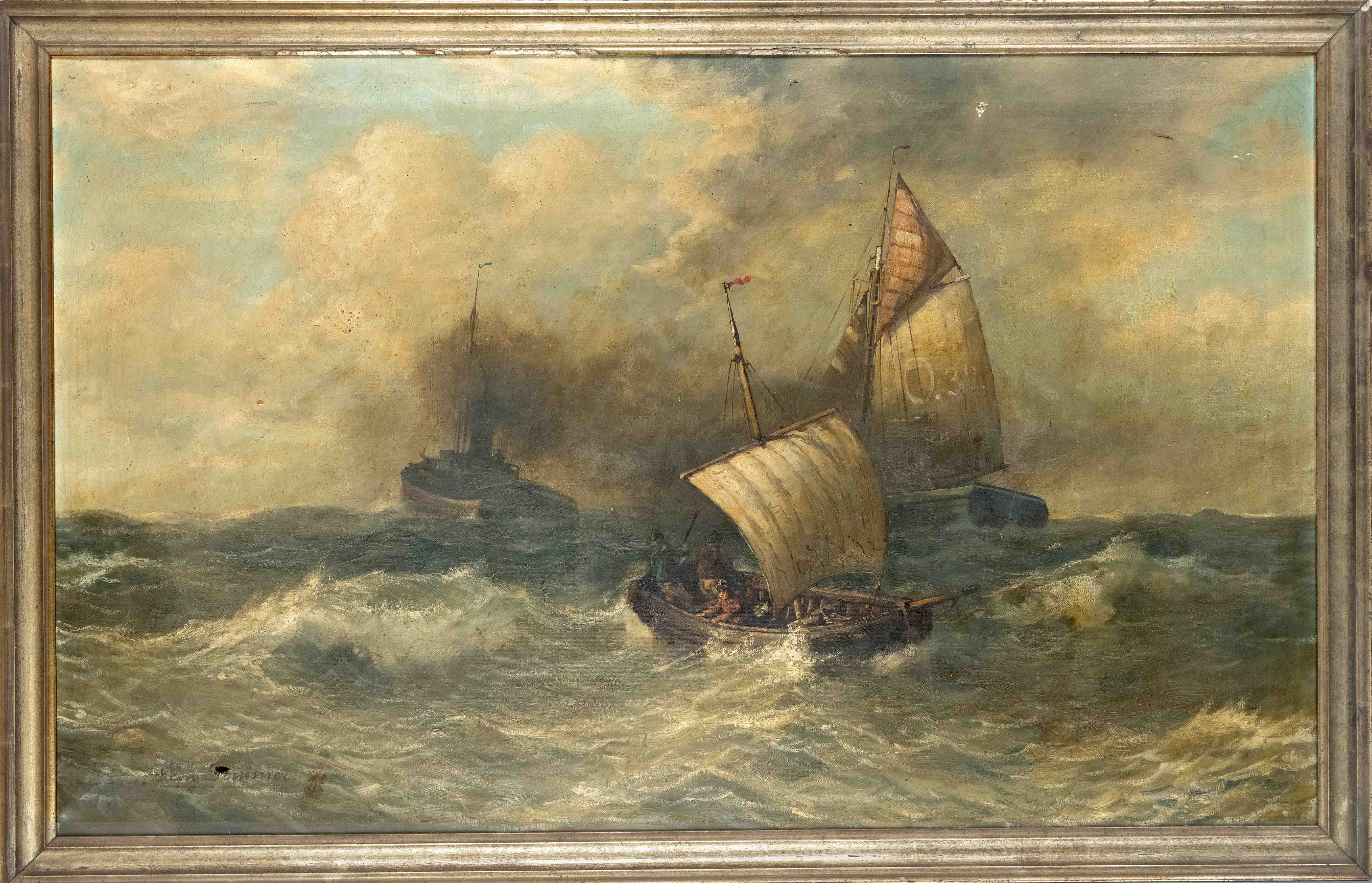 Georg Sommer (1848-1917), two fishing boats in the smoke of a motor ship on heavy seas, oil on