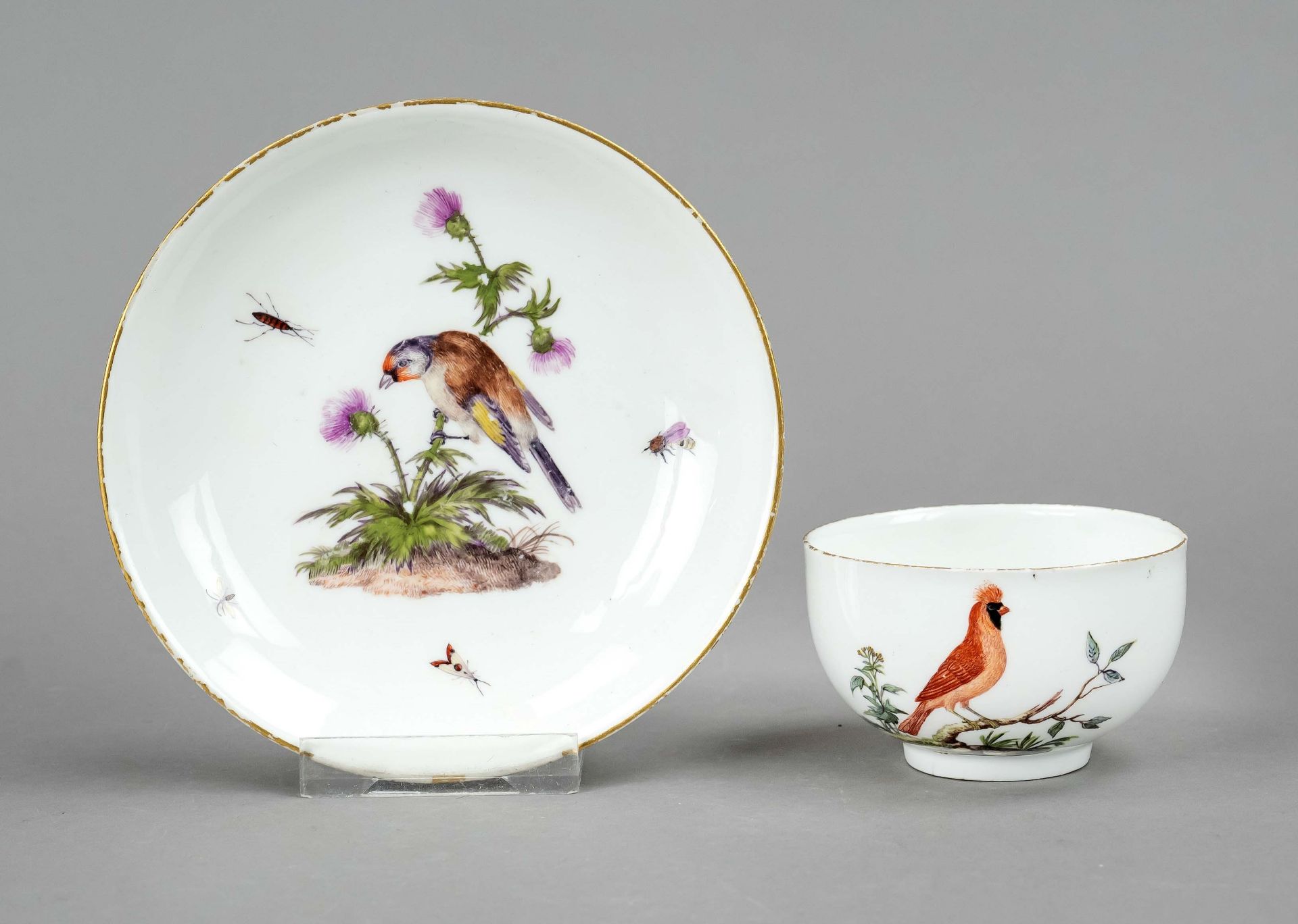 Little cup with a saucer, Meissen, 18th century, 1st choice, half-round form, polychrome painting,