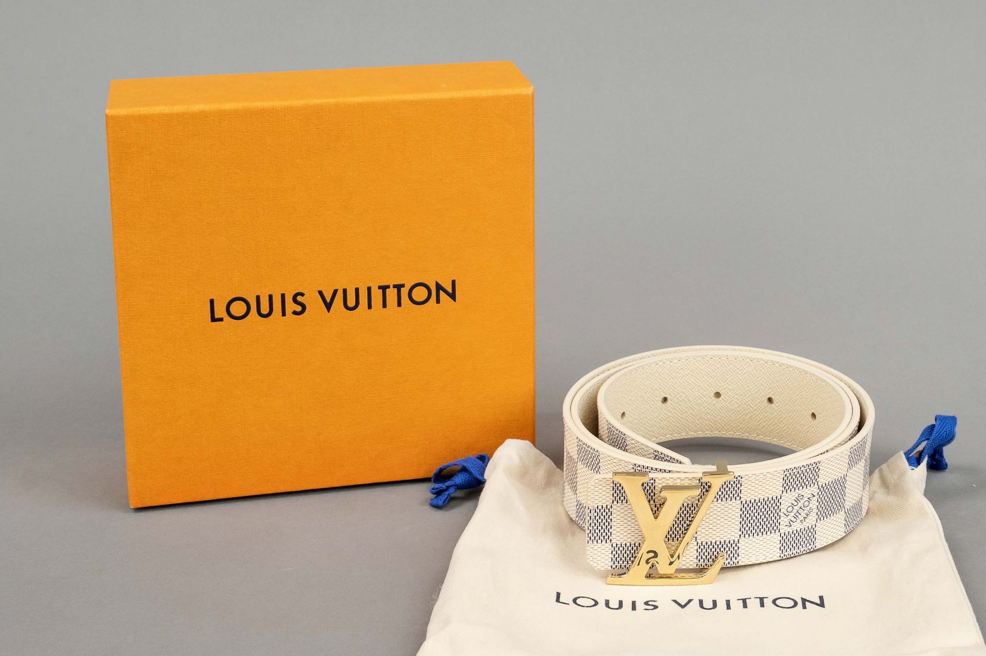 Louis Vuitton, Damier Azur Canvas belt, cream white and blue checkered rubberized cotton fabric with