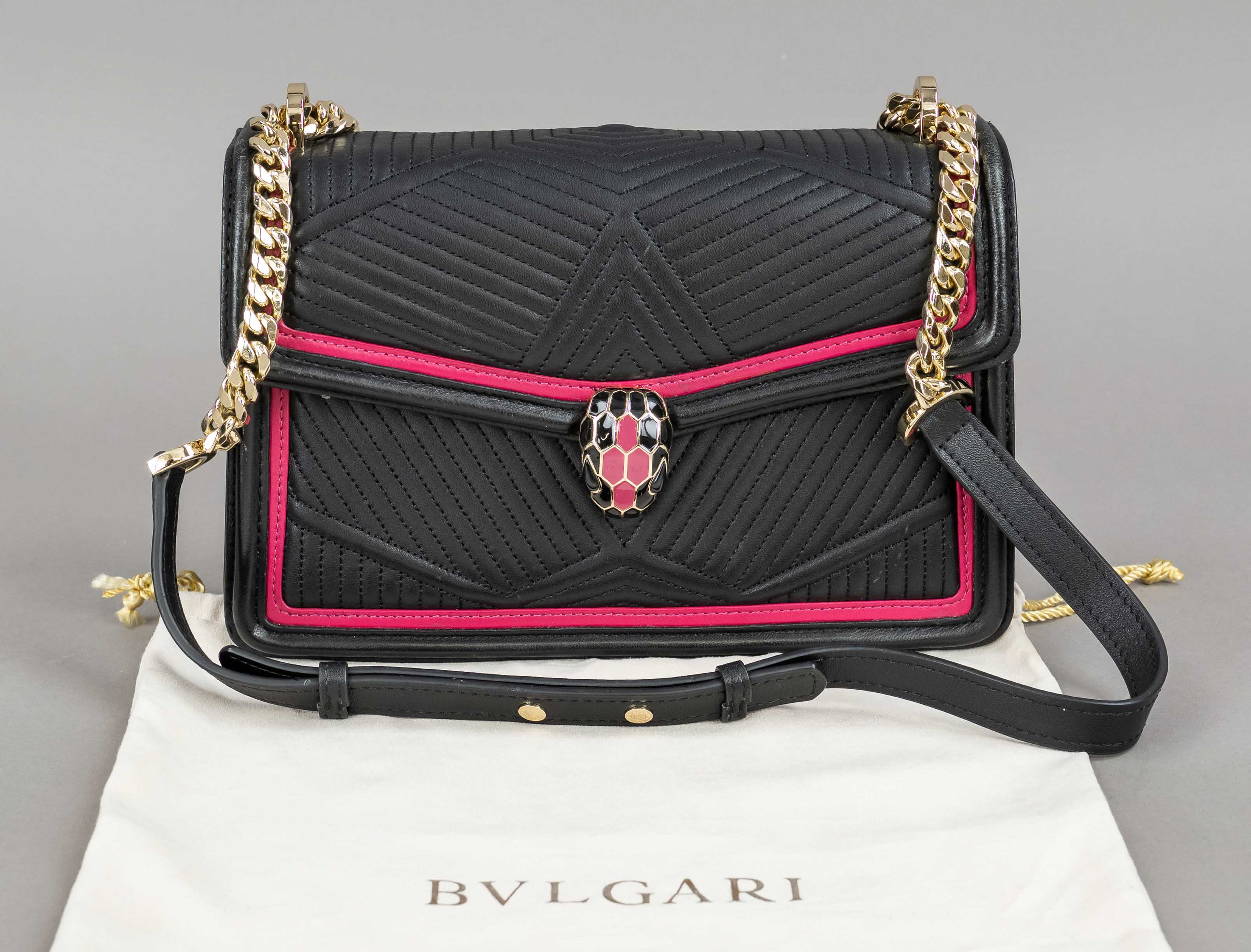 Bulgari, Serpenti Forever Diamond Blast Flap Bag, black quilted smooth leather with pink leather