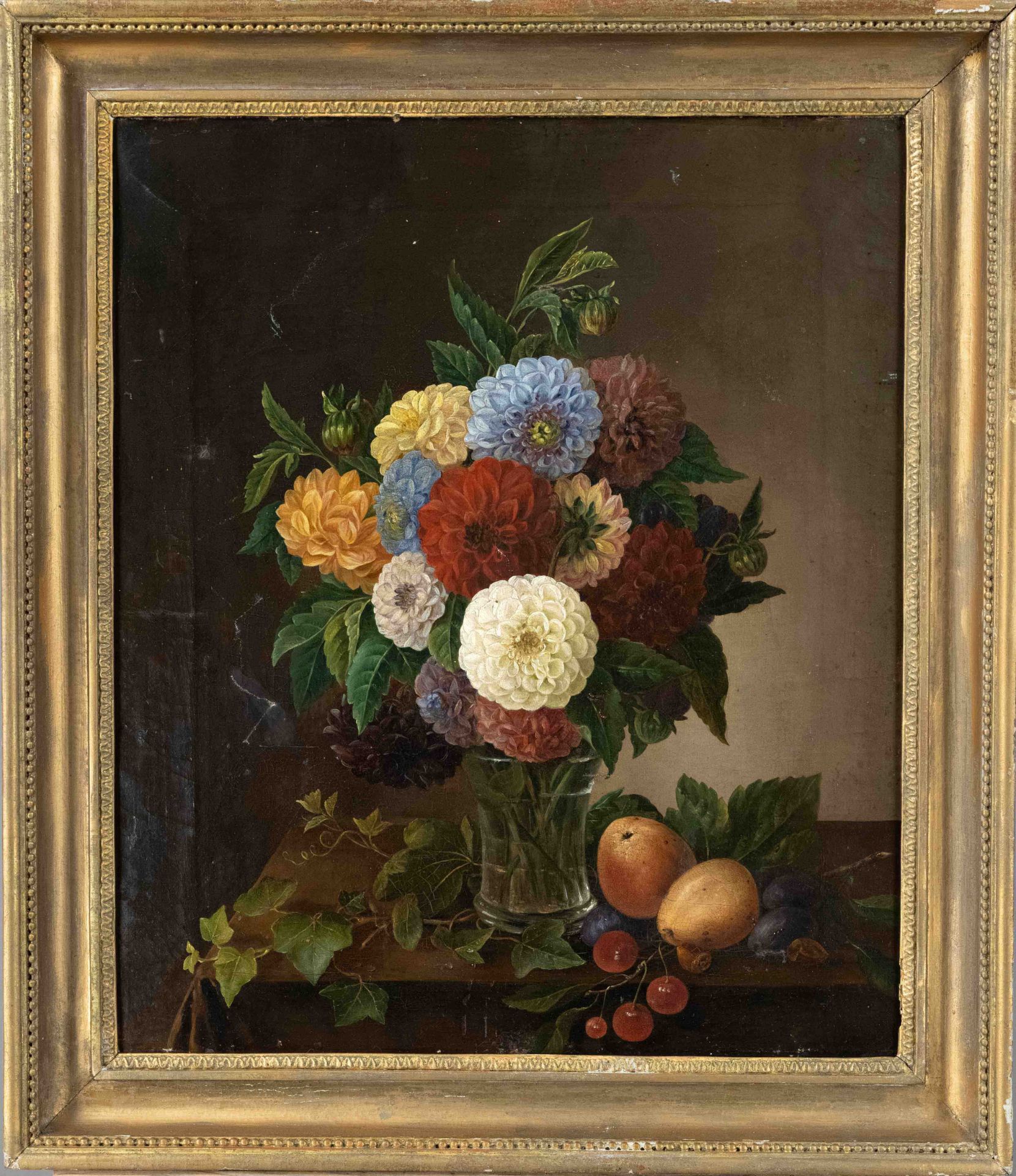 Anonymous flower painter of the 19th century, still life with chrysanthemums, fruits and vine