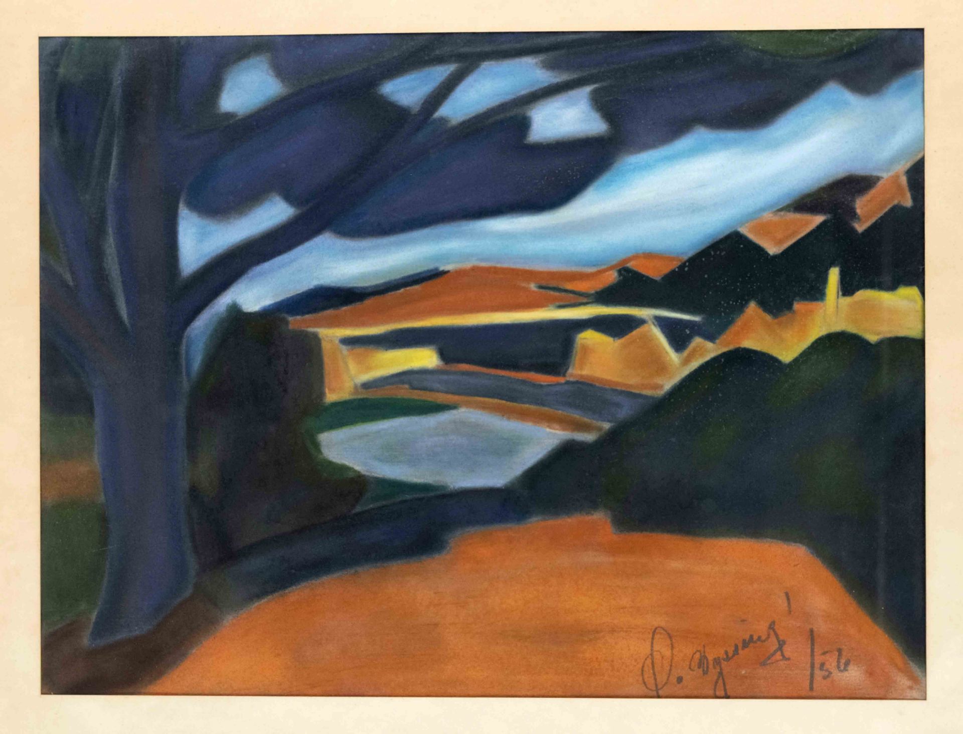 Unknown painter mid-20th century, two-dimensional abstracted landscape, pastel on paper, bottom