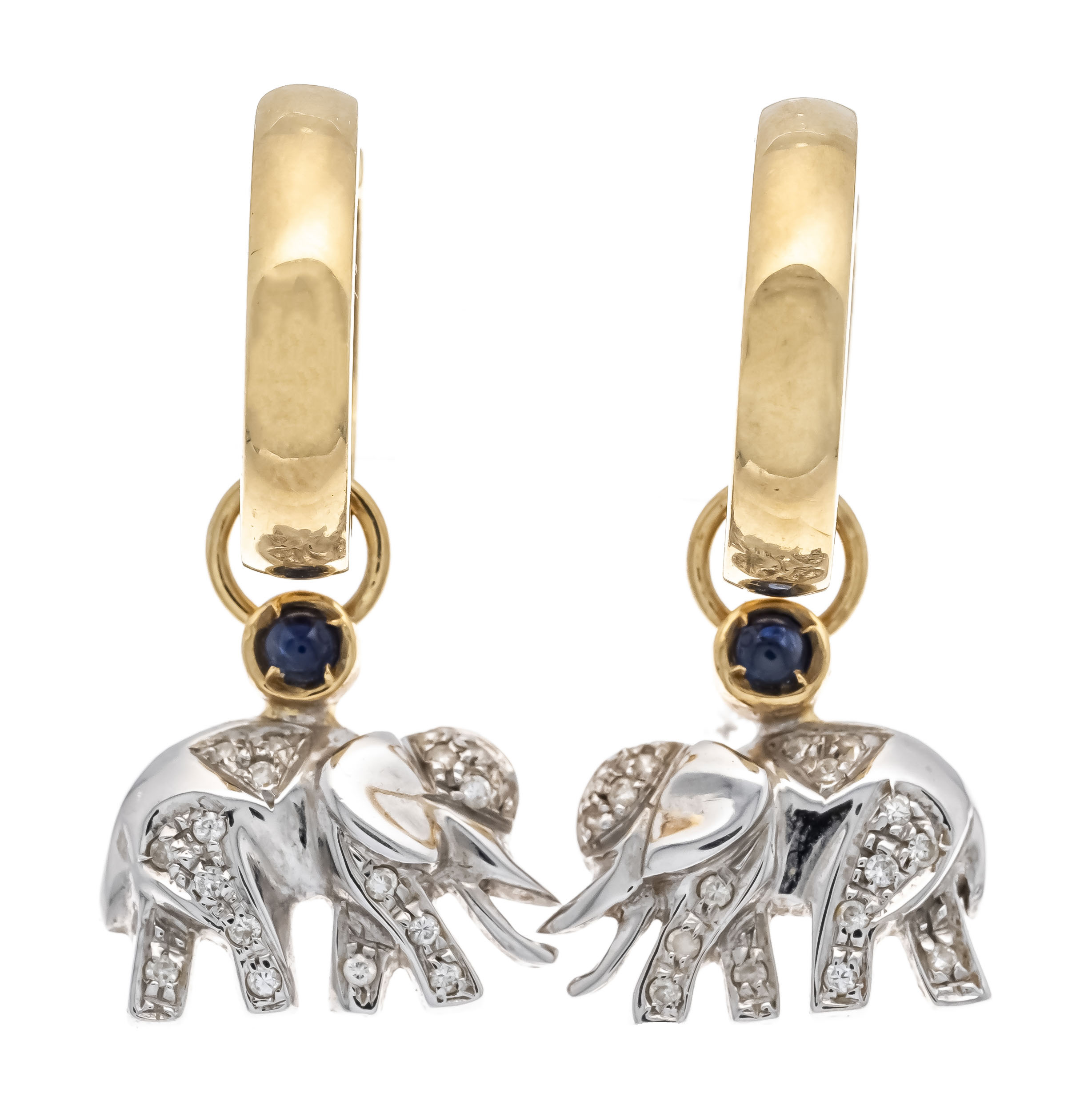 Sapphire diamond earrings GG/WG 750/000 d. 17 mm, with elephant pendant, set with sapphire