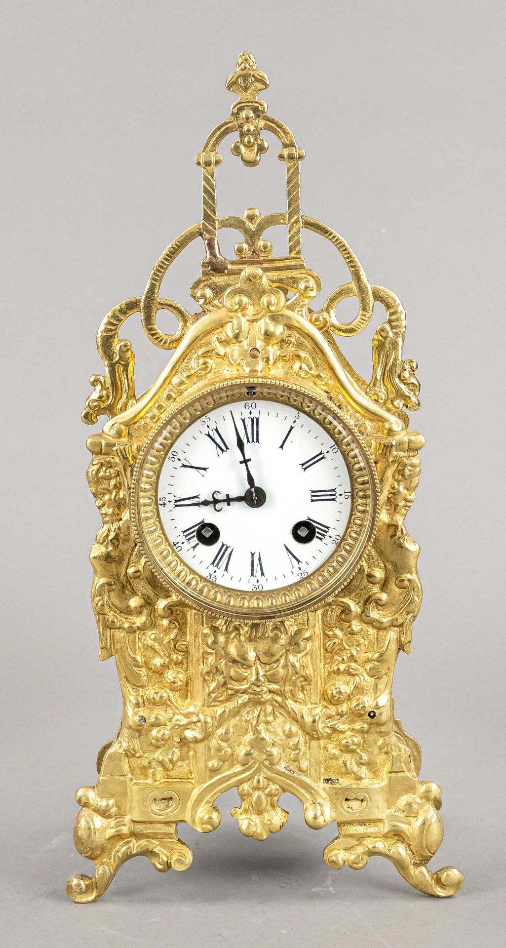 Table clock made of brass in the style of historicism, 2nd half of the 19th century, decorated