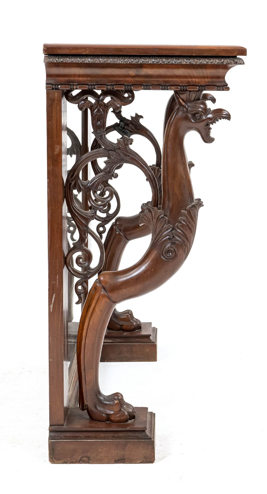 Console table, late Biedermeier c. 1850, solid mahogany, fully carved mythical creatures, mirrored - Image 2 of 2