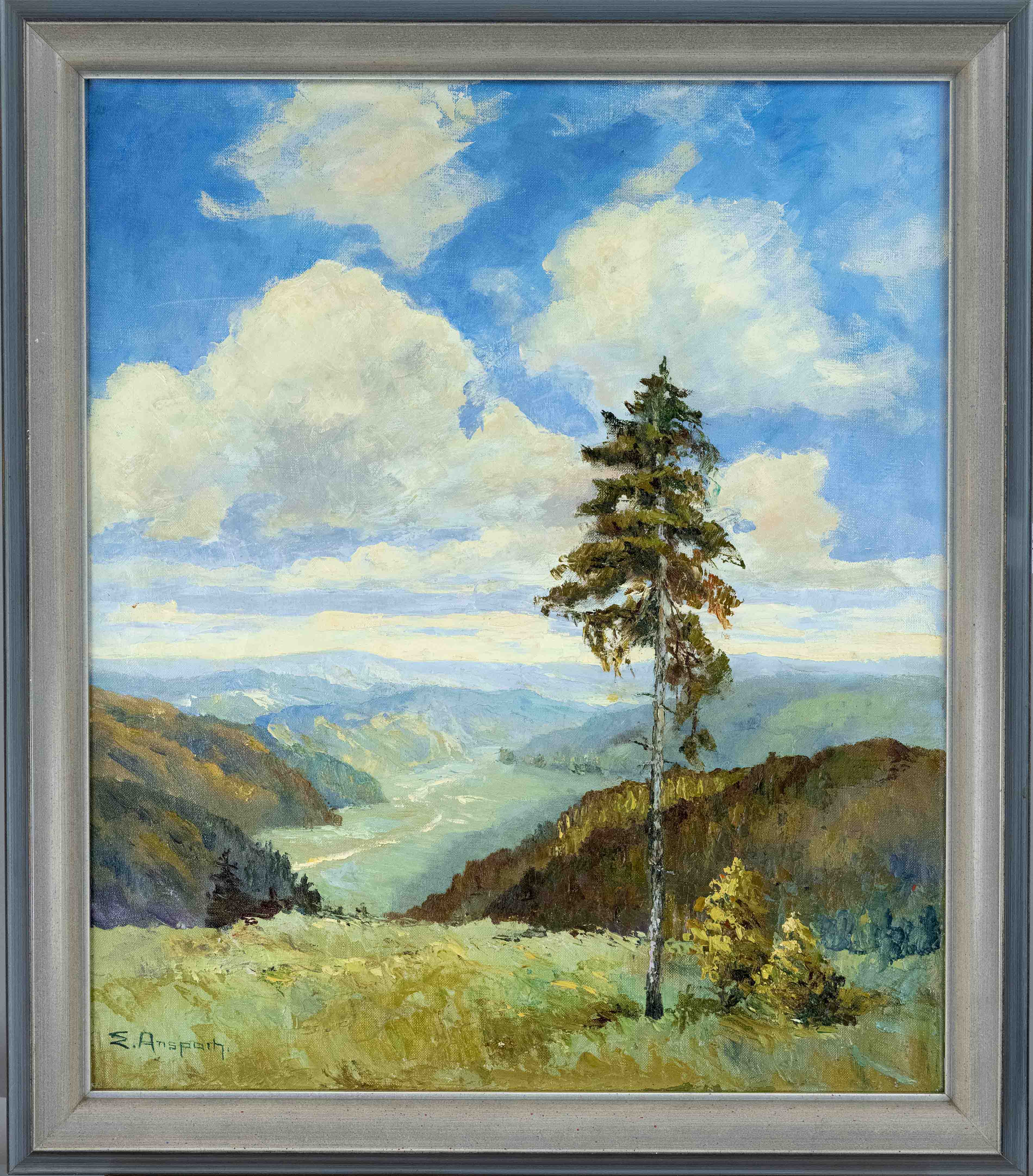 E.. Anspach, German landscape painter 1st h. 20th c., View over a low mountain landscape with