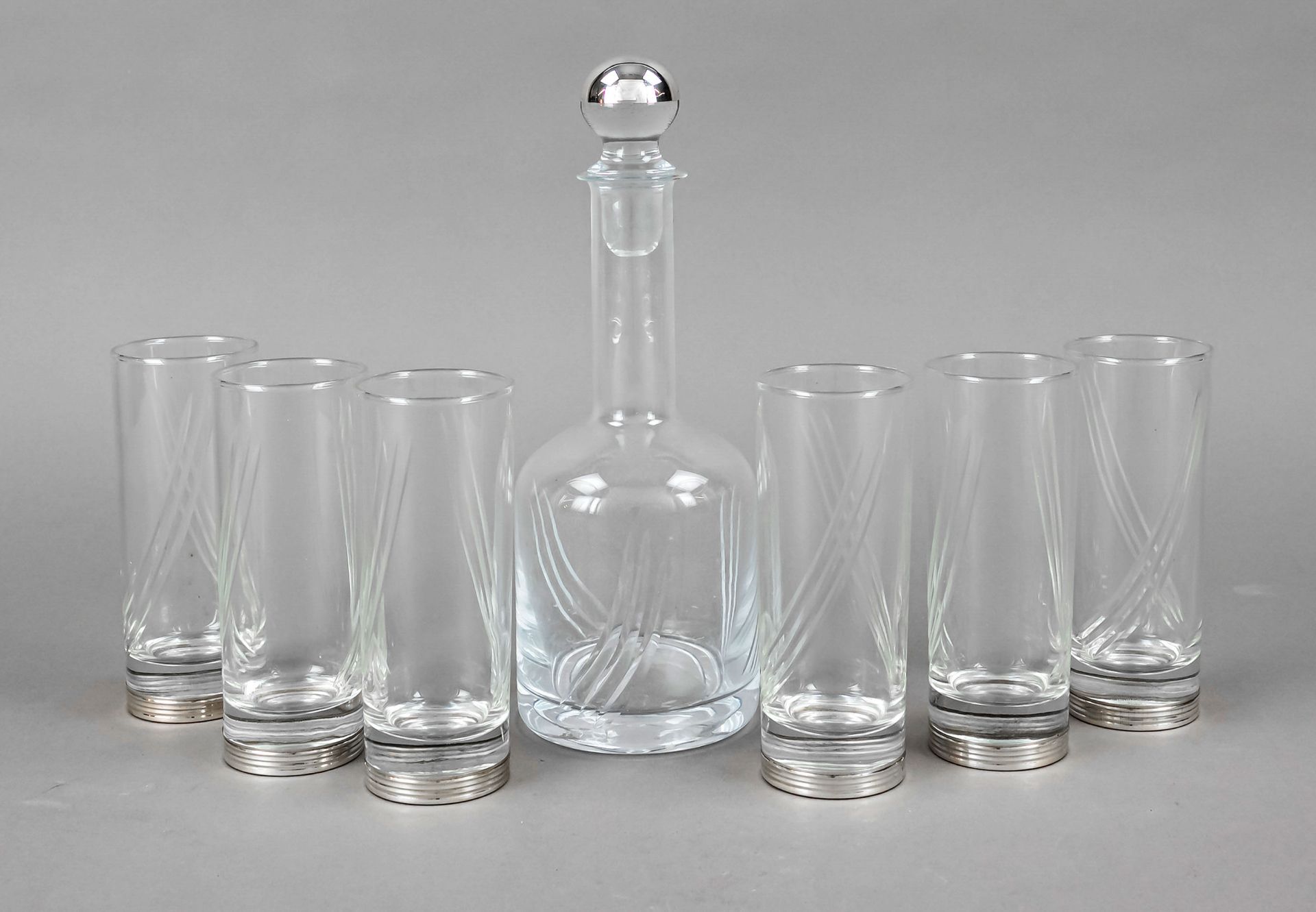 Seven-piece glass set with silver mounting, Italy, 20th c., Florence, silver 800/000, profiled round