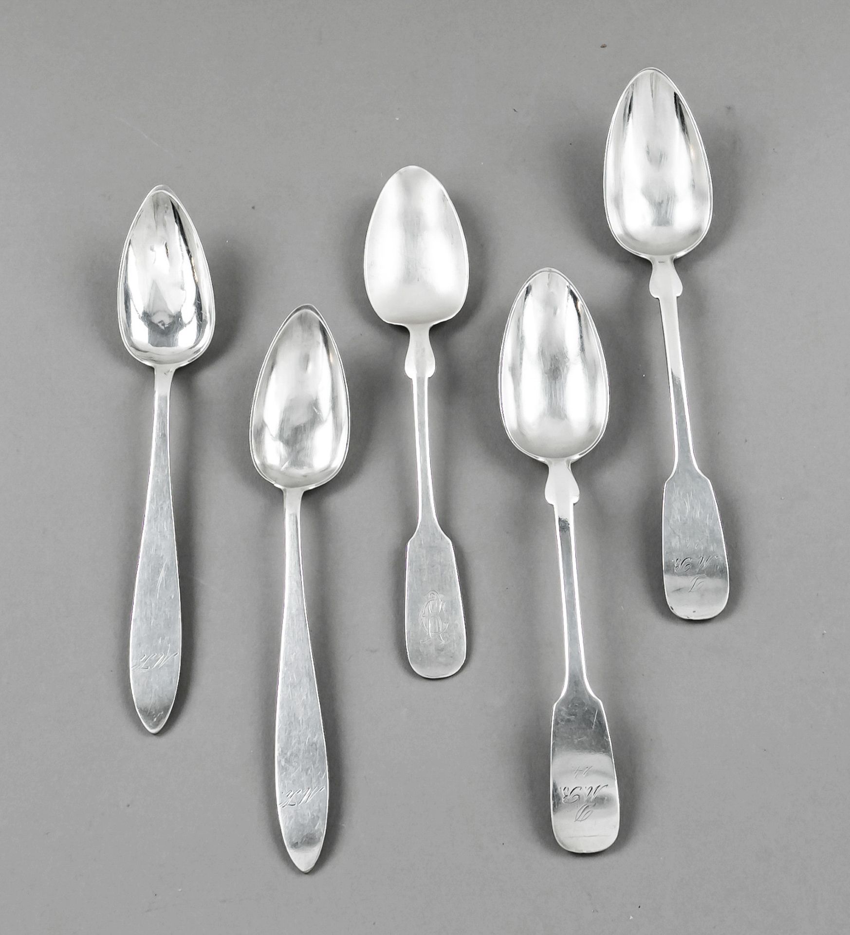 14 coffee spoons, 19th/20th century, silver various finenesses, spade shape and lancet tapered, each