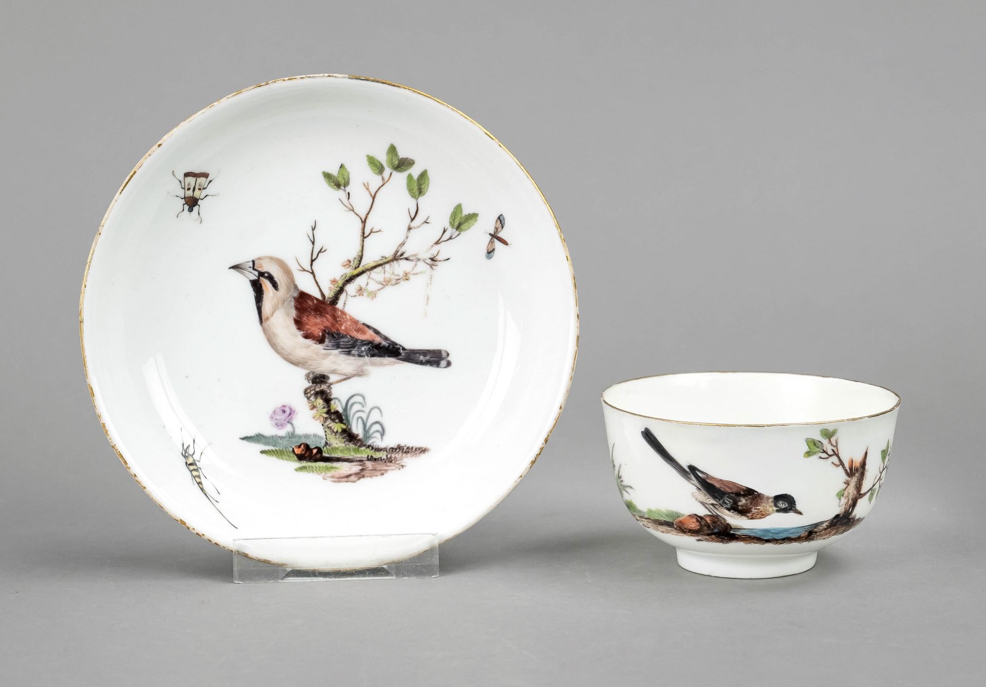 A small cup with a saucer, Meissen, 18th century, 1st choice, semicircular form, polychrome