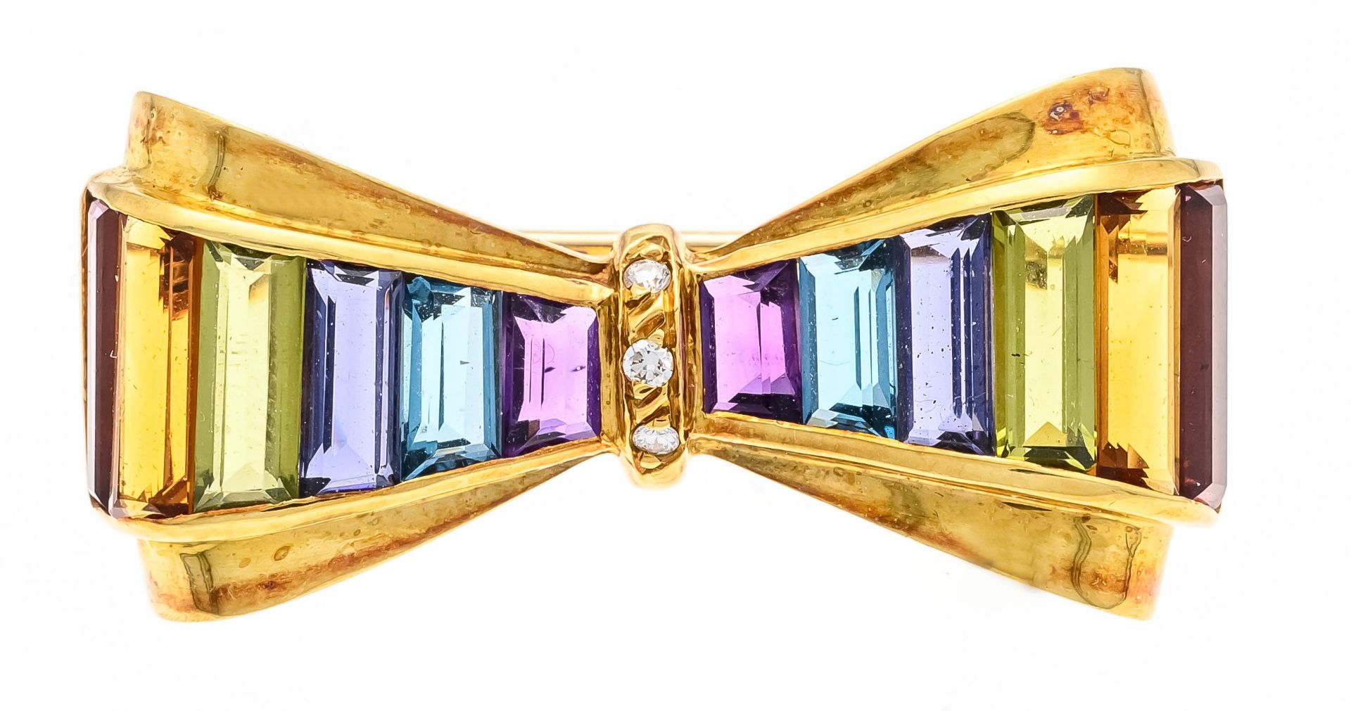 Multicolor loop brooch GG 750/000 each with 2 matching cut colored stone trapezoids, among them