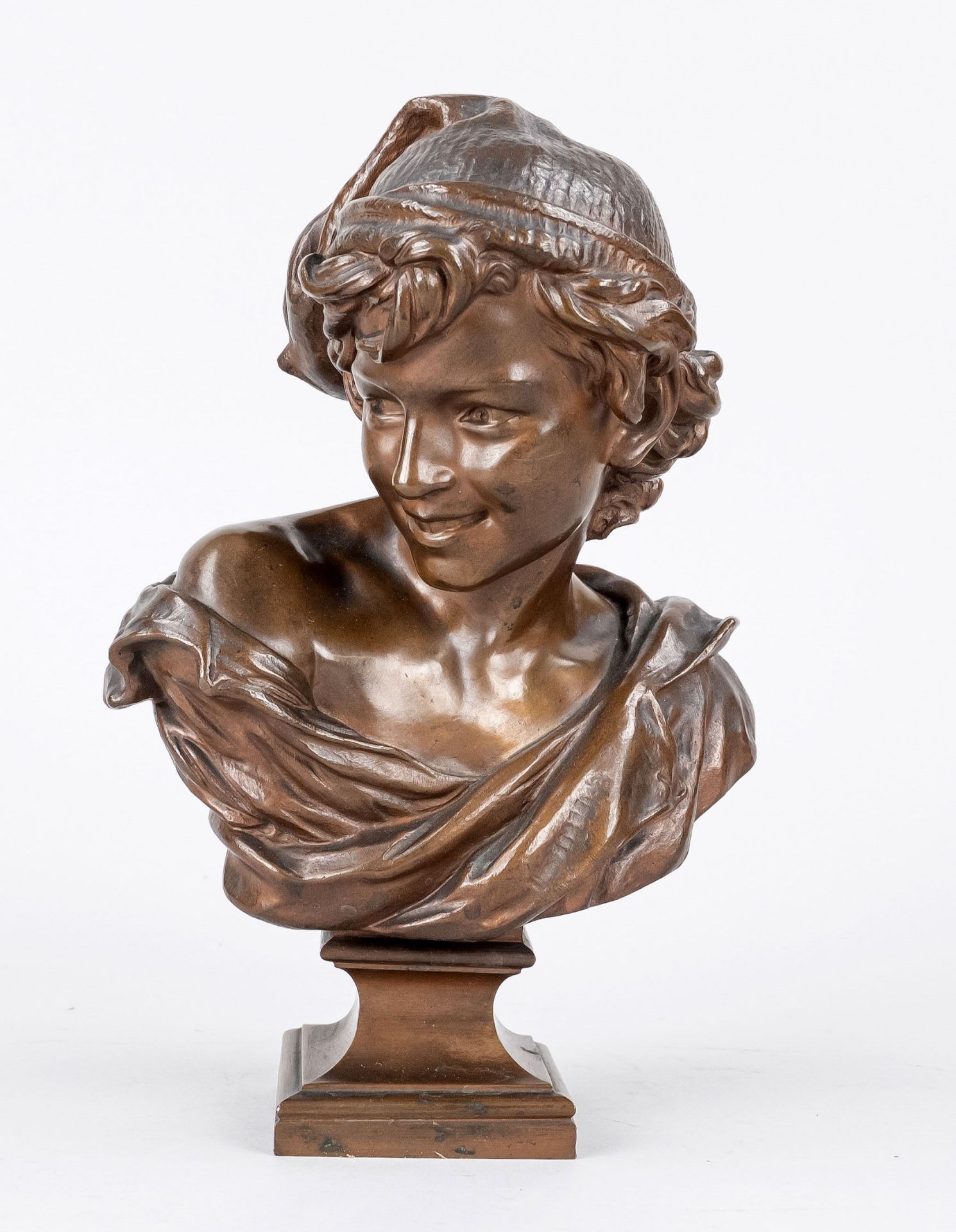 Jean-Baptiste Carpeaux (1827-1875) after, bust of a boy wearing a cap, brown patinated bronze,