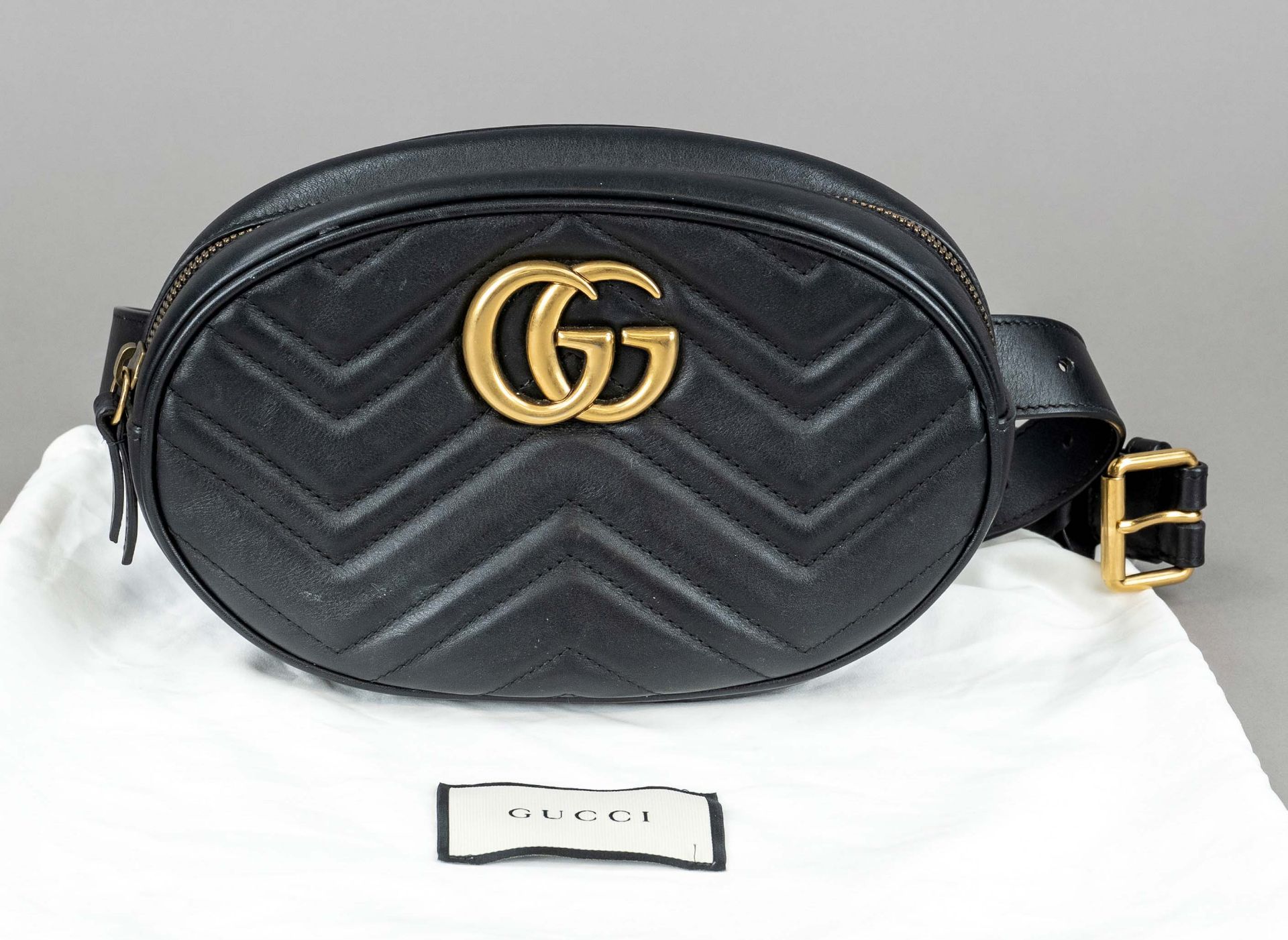 Gucci, Black Matelasse Leather GG Marmont Belt Bag, black quilted calfskin, gold-tone hardware,