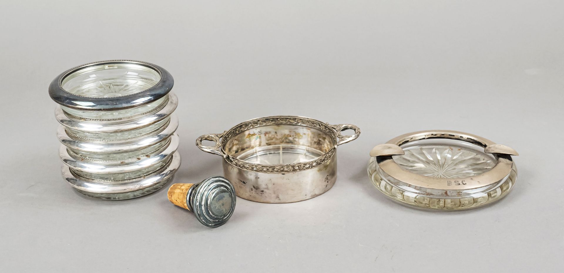 Convolute of eight pieces, German, 20th c., silver various finenesses, 5 shaped glass coasters