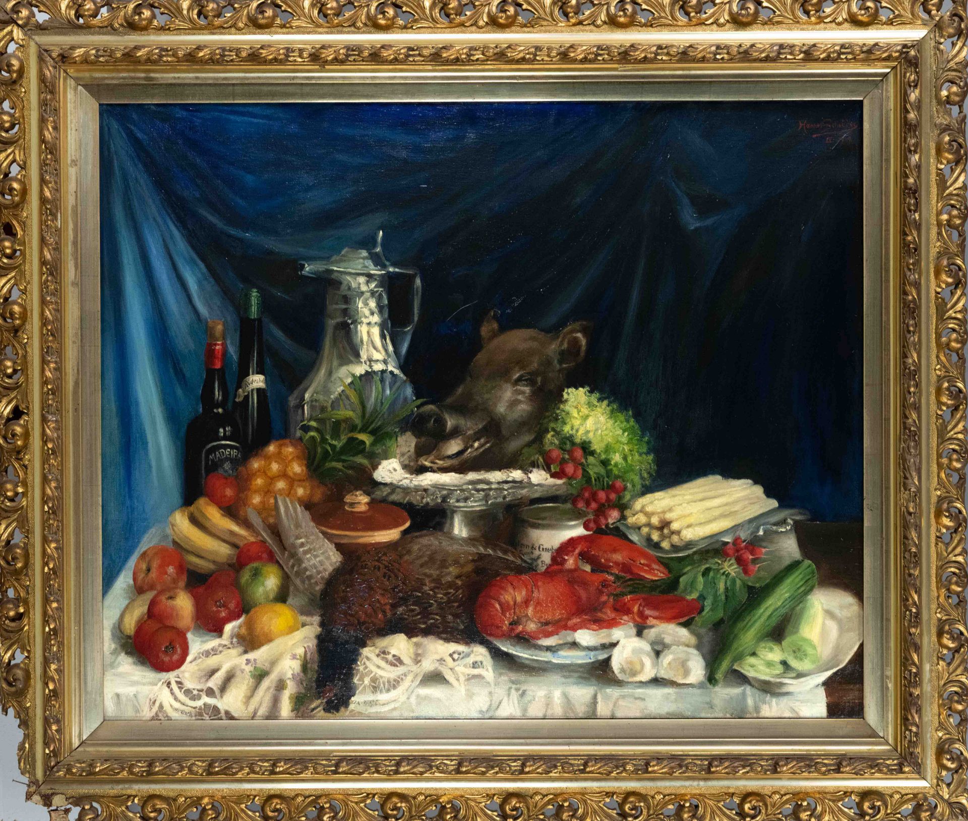 Hannes Schröder, artist c. 1900, large still life with wild boar head, oil on canvas, signed & dated