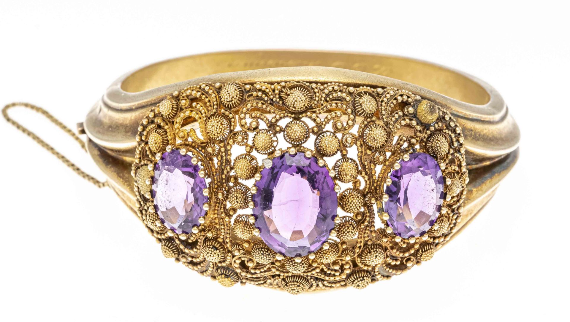 Rare amethyst hinged bangle 1895 GG 585/000 unstamped, tested, elaborate granule work with 3 oval