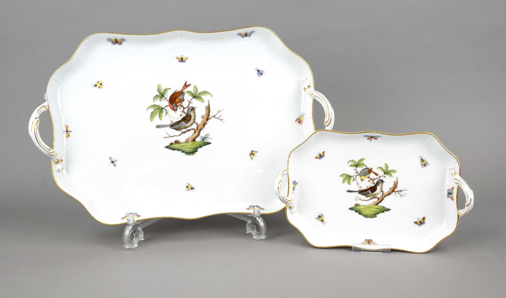 Two trays, Herend, late 20th/early 21st century, Ozier form, Rothschild decor with birds and