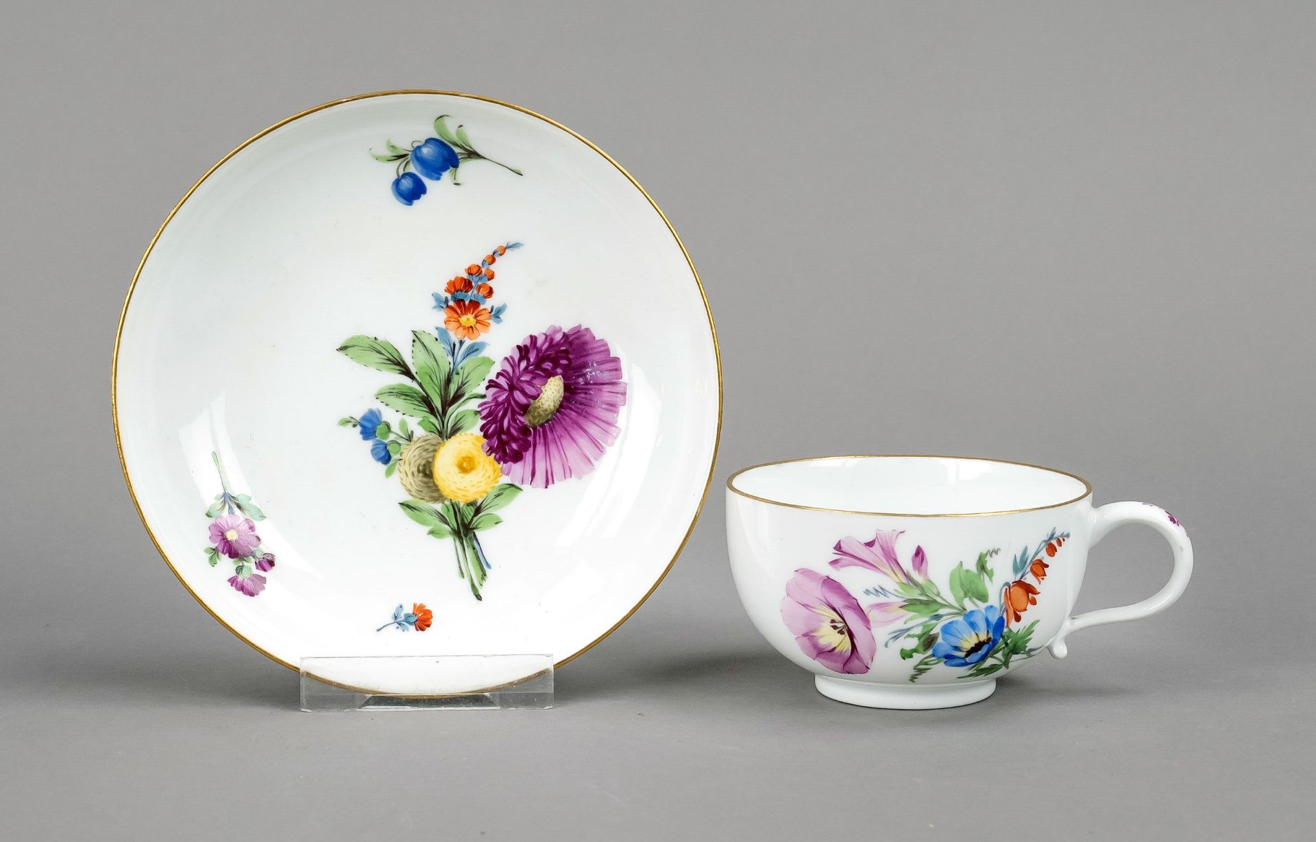 Tea cup and saucer, Meissen, Marcolini mark 1774-1817, hemispherical shape with ear handle,
