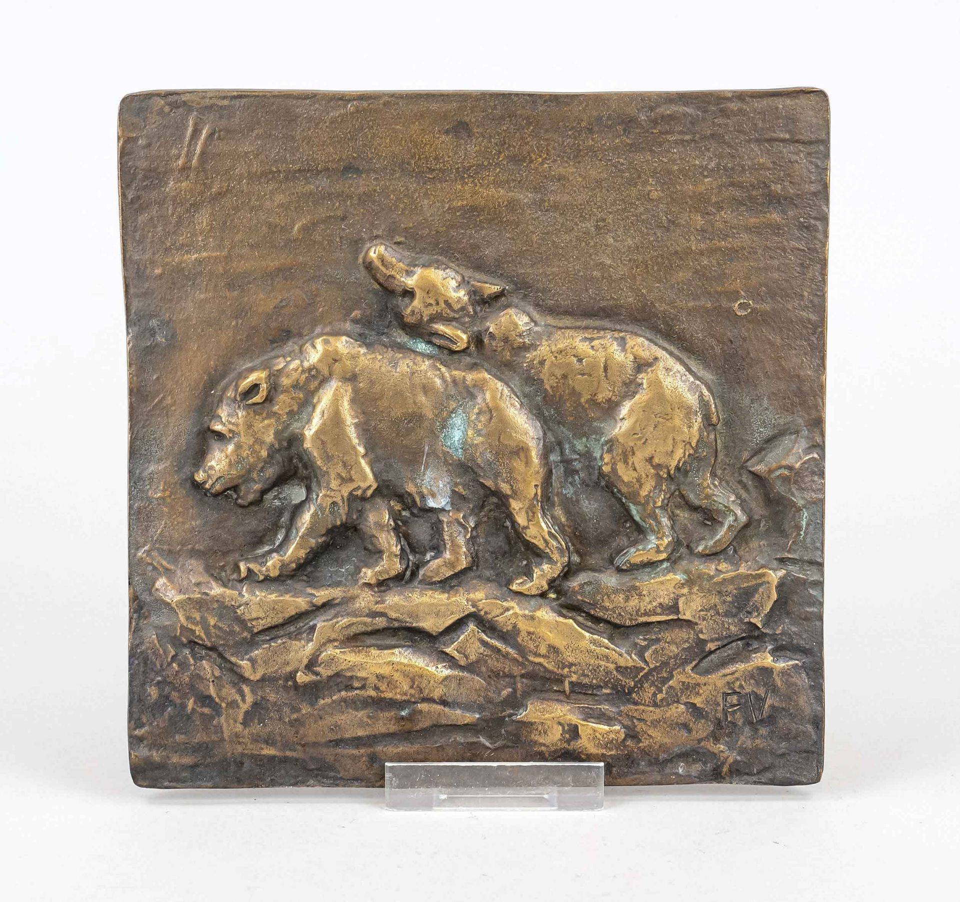 Friedrich Franz Viegener (1888-1976), two bears, patinated bronze relief, monogrammed ''FV'' lower