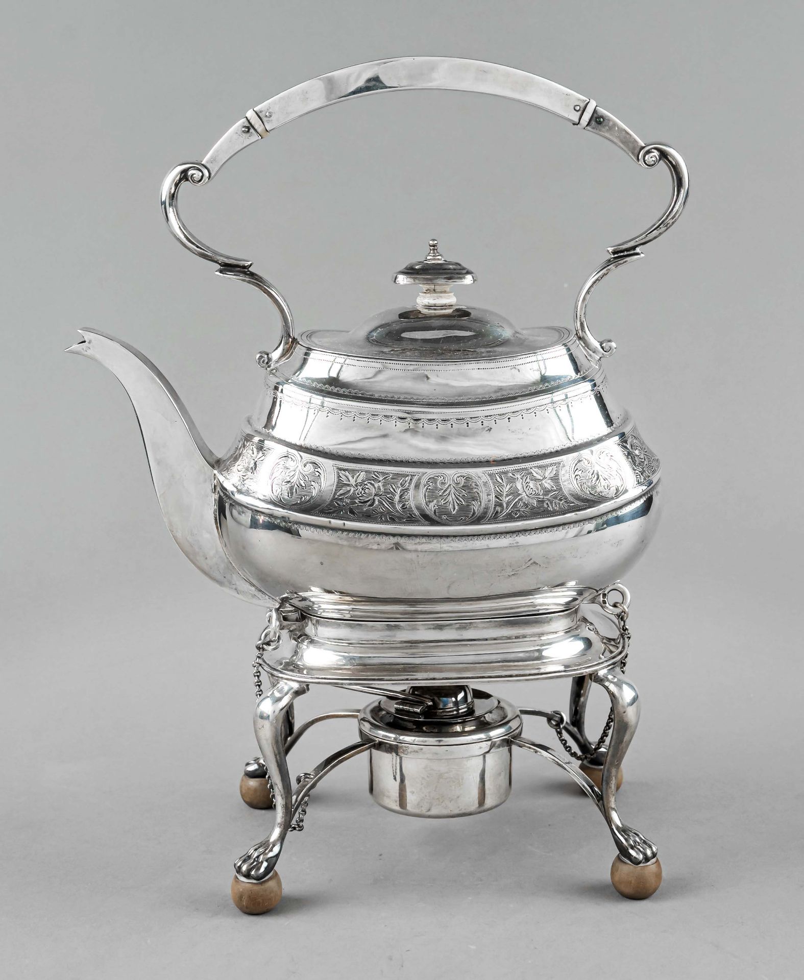 Tea kettle on rechaud, England, 1927, maker's mark D. & J. Wellby, Ltd, London, sterling silver