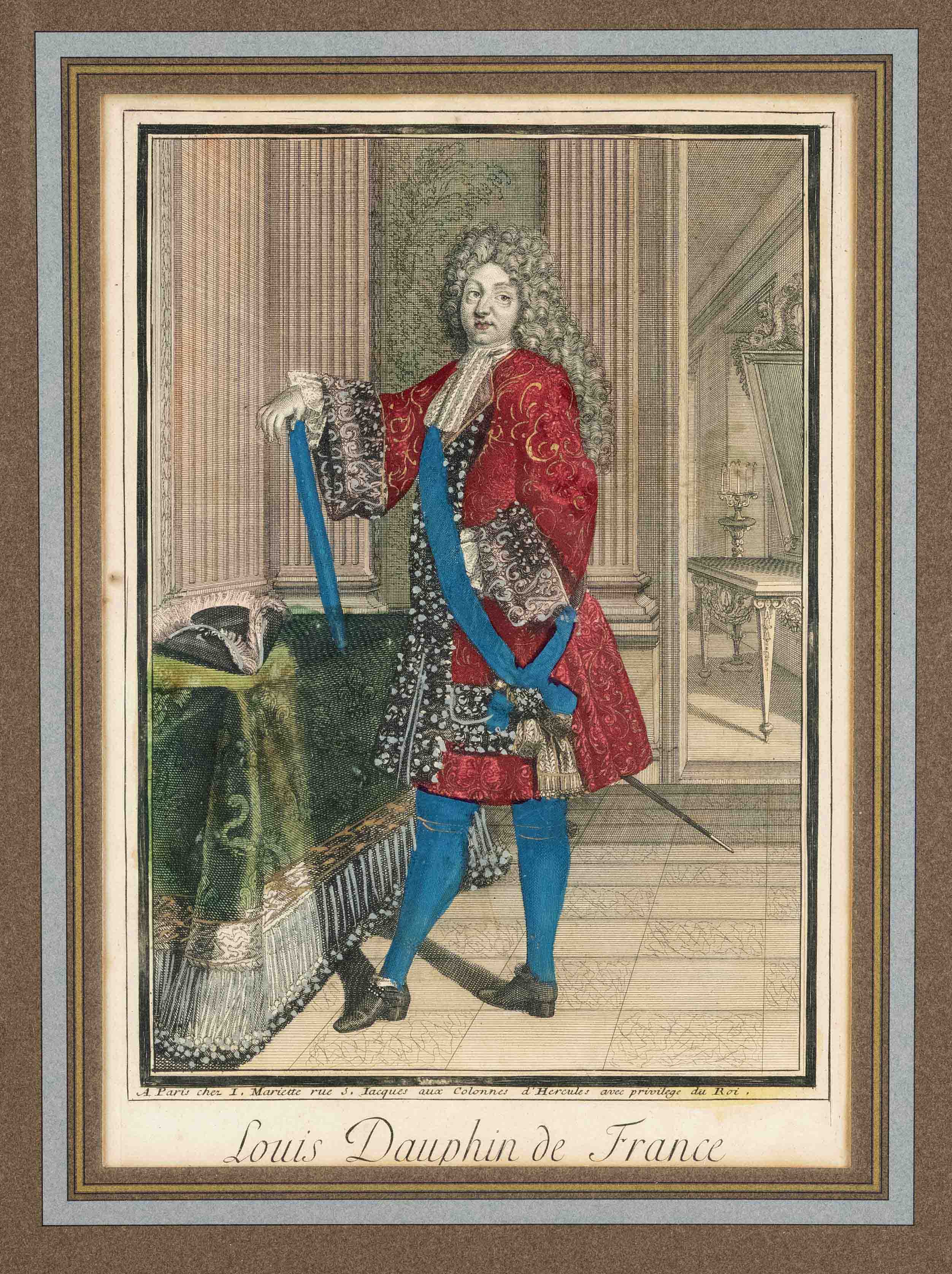 Three colored portrait copperplates of the 18th century, full-figure portraits of rulers of Louis