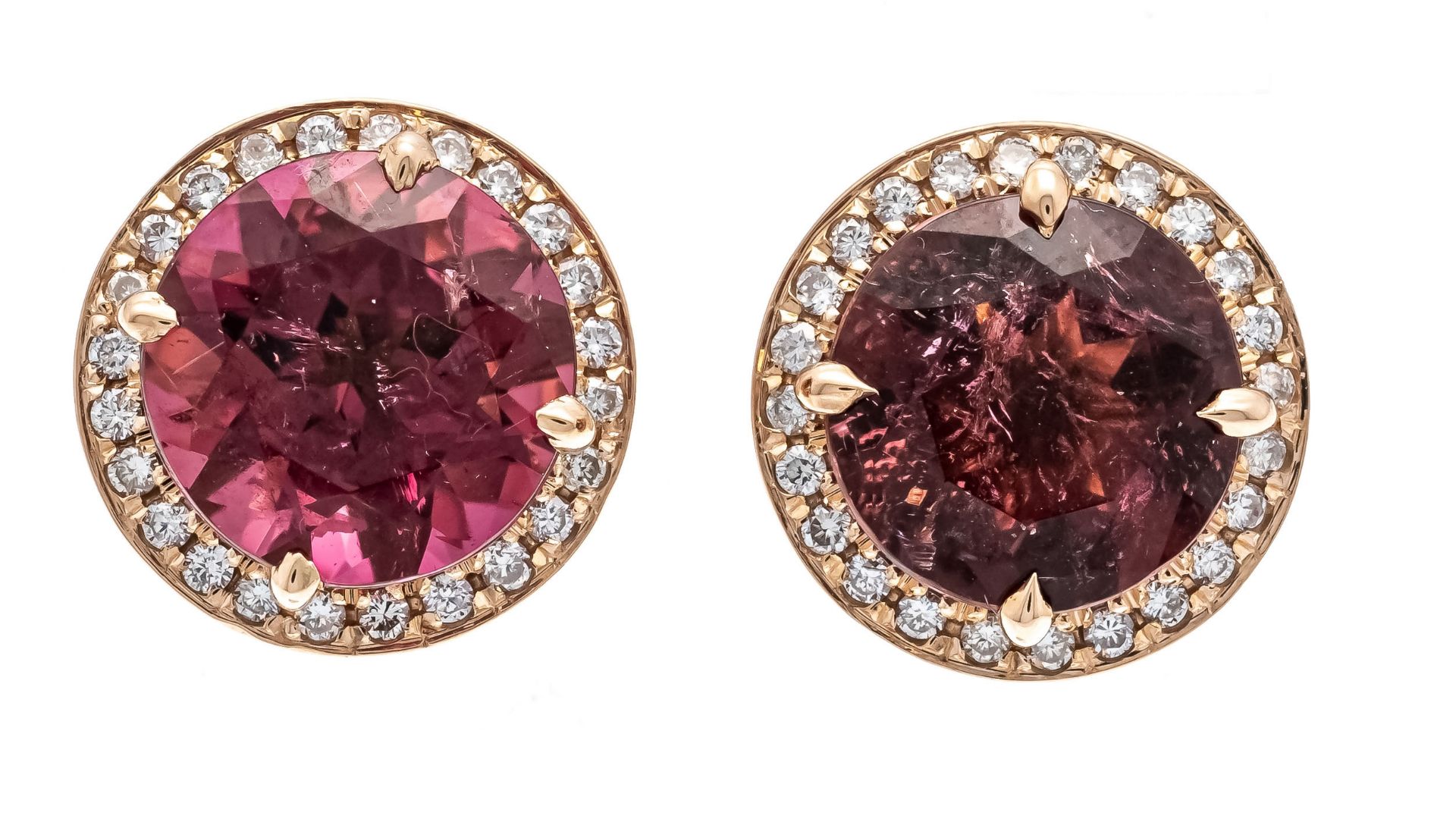 Rubellite diamond earrings RG 750/000 with 2 round faceted rubellites, total 8.40 ct slightly