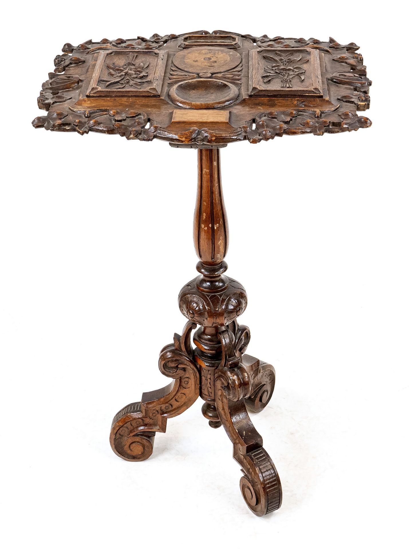 Ornamental table around 1880, solid oak, top richly carved, 82 x 51 x 43 cm