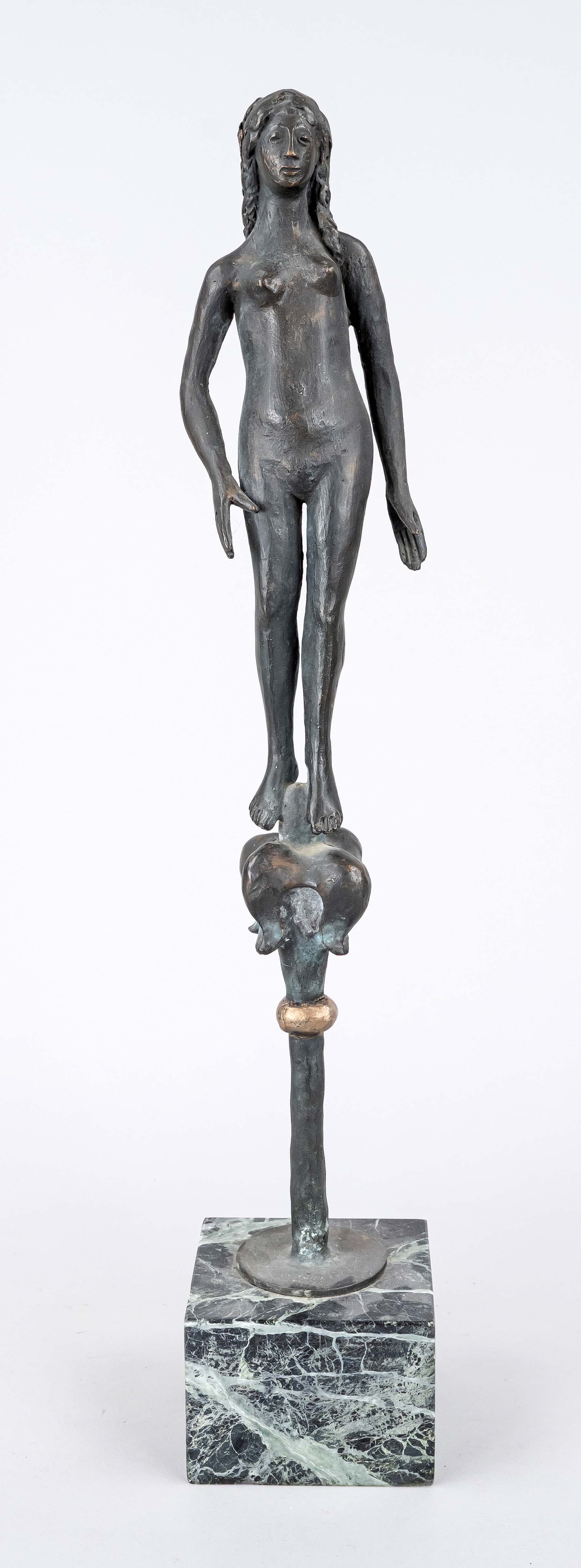 Heinrich-Gerhard Bücker (1922-2008), female figure standing on a lily, patinated bronze on marble