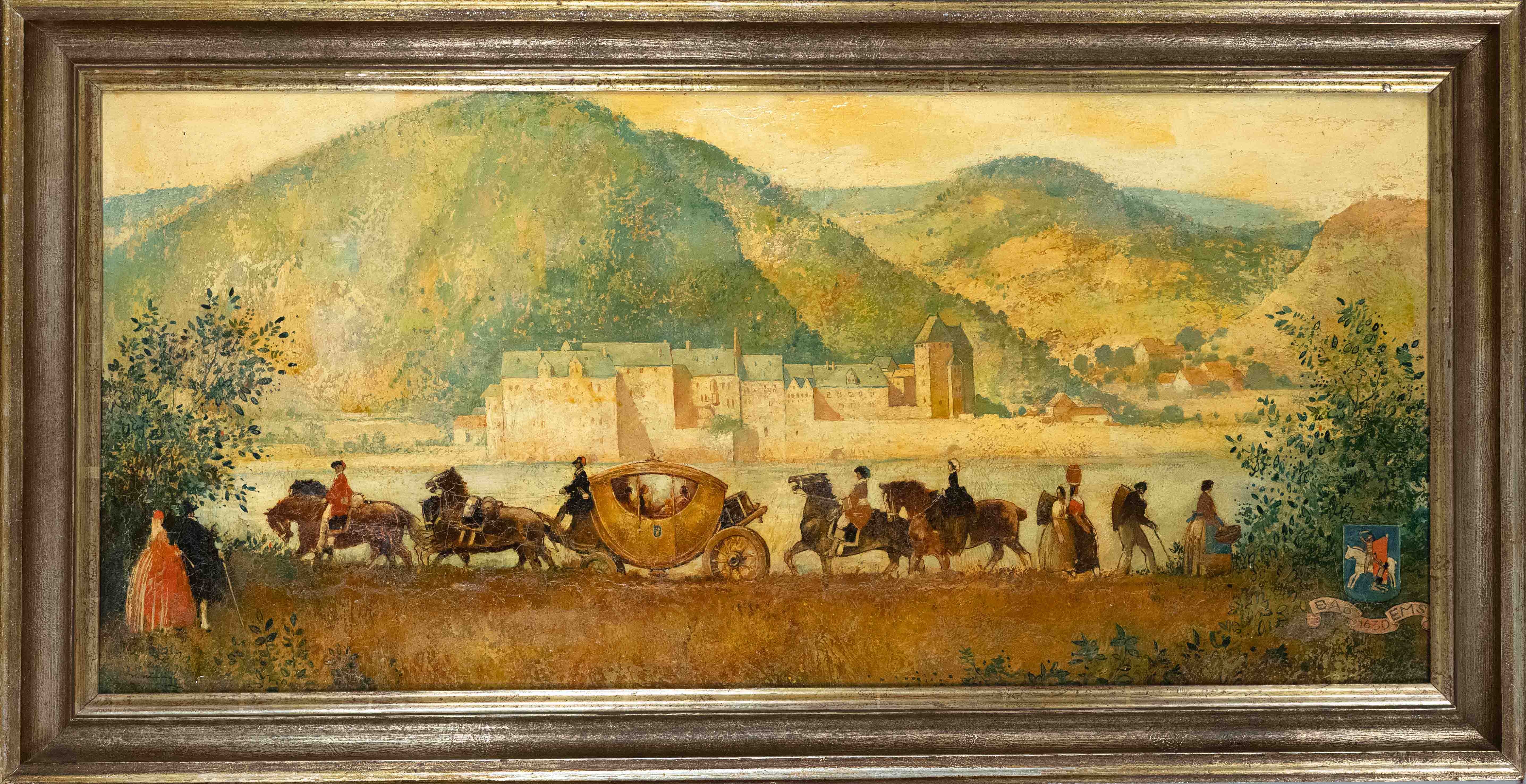 Unidentified painter c. 1930, view of Bad Ems in 1630 with a round dance of various figures in the