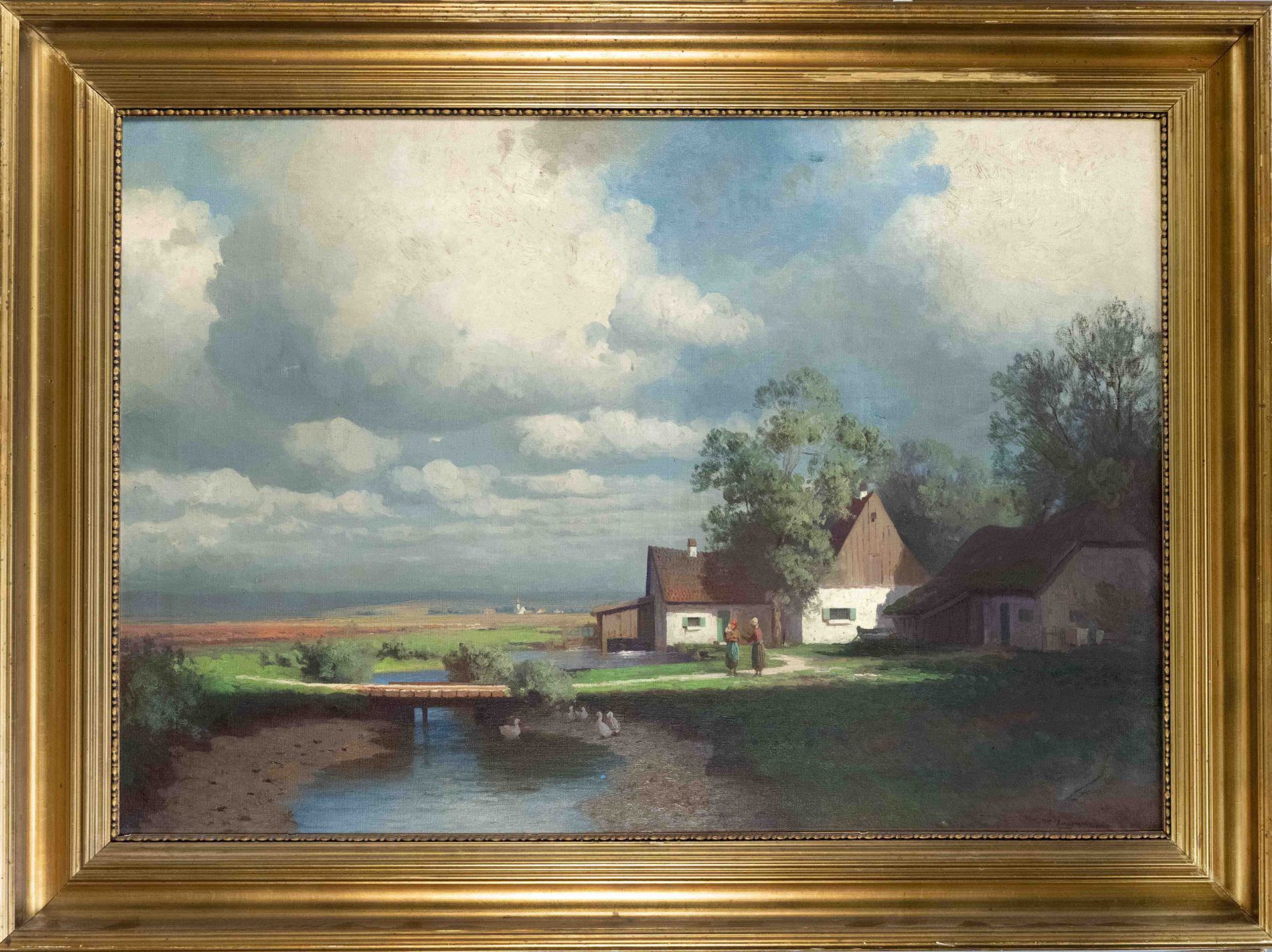 Curt Leopold (1860-1946), Munich landscape painter. Rural idyll on a farm with a view over a wide