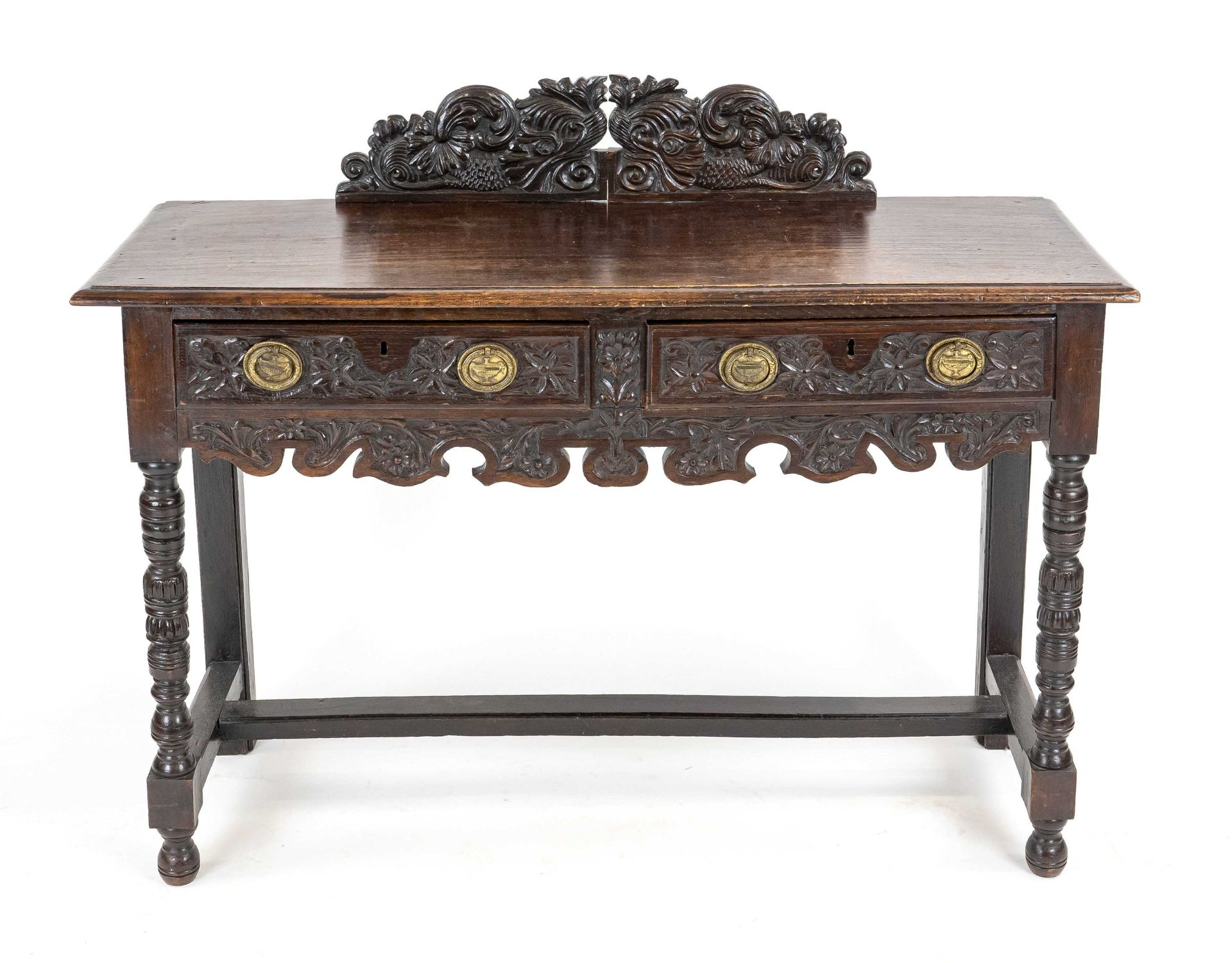 console table around 1880, solid oak, frame with two carved drawers, top with dolphin carving, 79