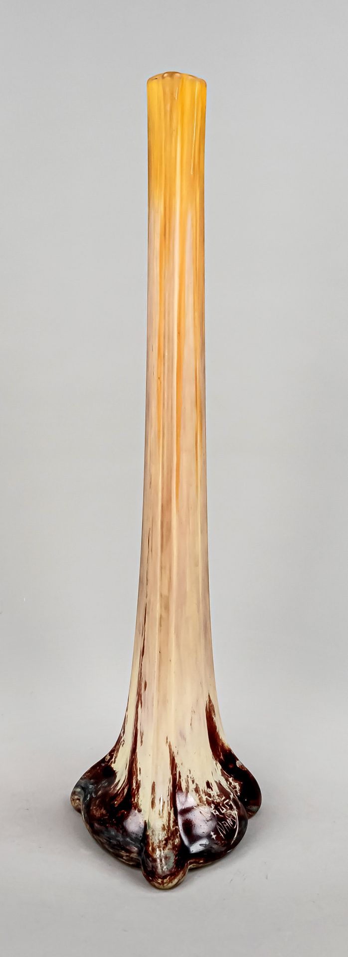 Very large bar vase, France, c. 1900, Daum, Nancy, 3-sided stand, with flared corners, slender