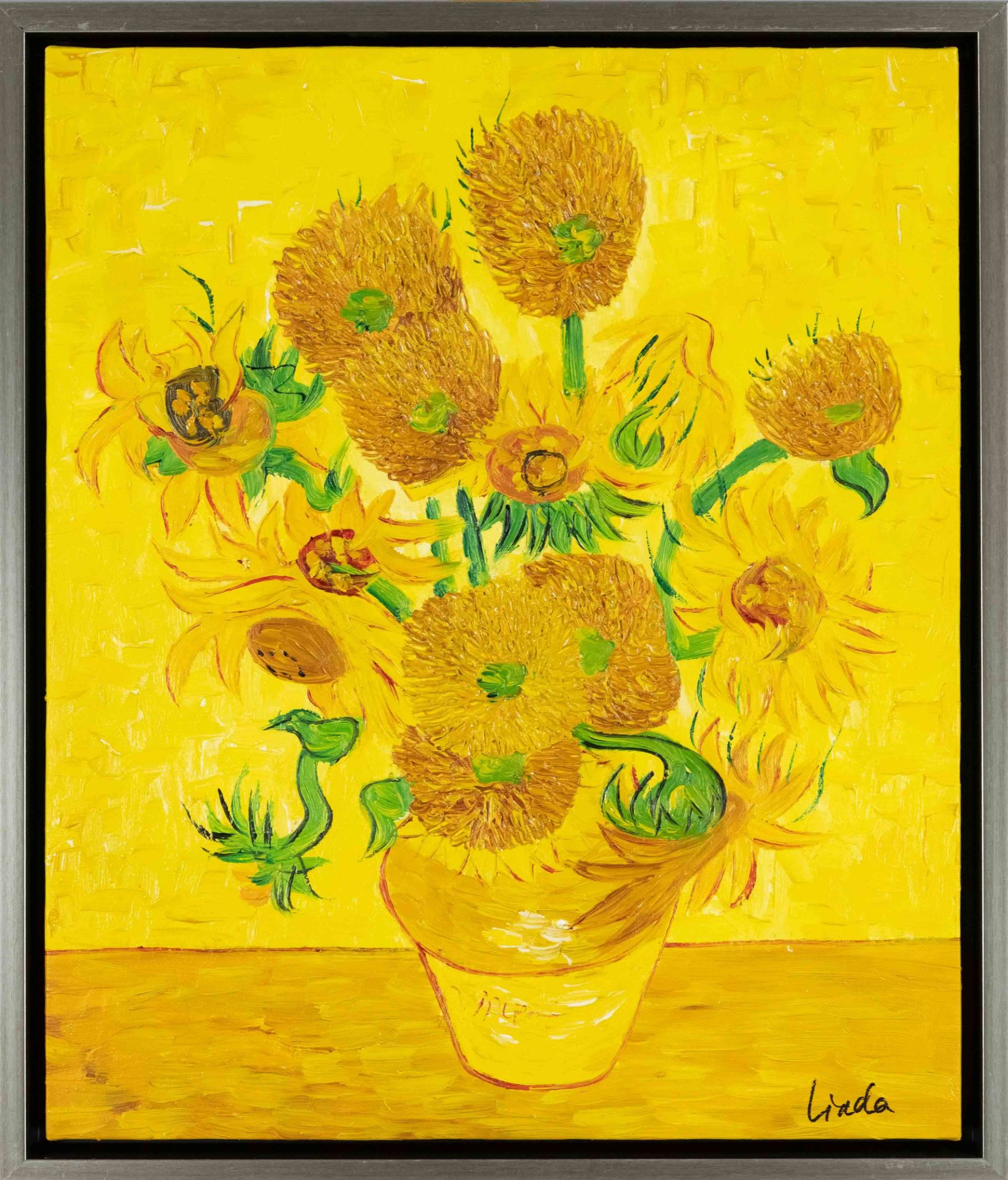 signed Liada, 21st century, copy after van Gogh's Sunflowers, oil on canvas, signed lower right,