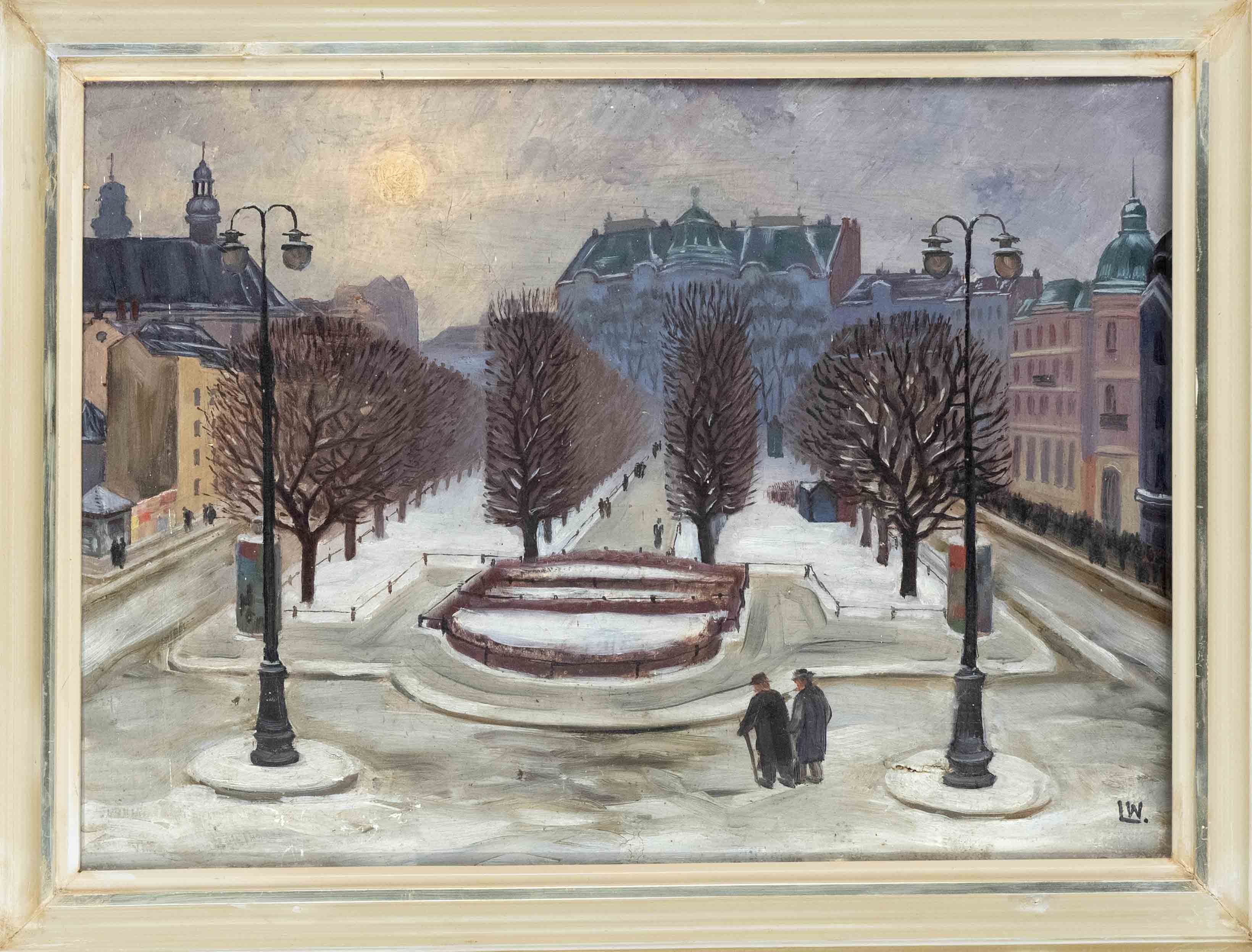 Monogramist LW, 1st half 20th c., Berlin square with park in winter, oil on cardboard, monogrammed