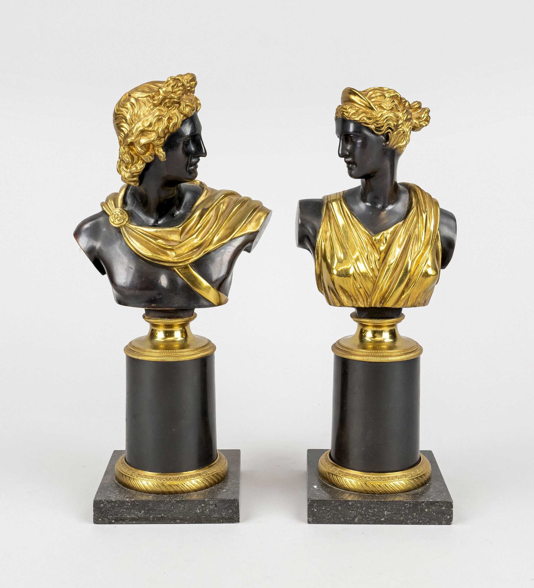Two busts: ''Apollo'' and ''Diana'', bronze, partly gilded and dark patinated, portrait busts