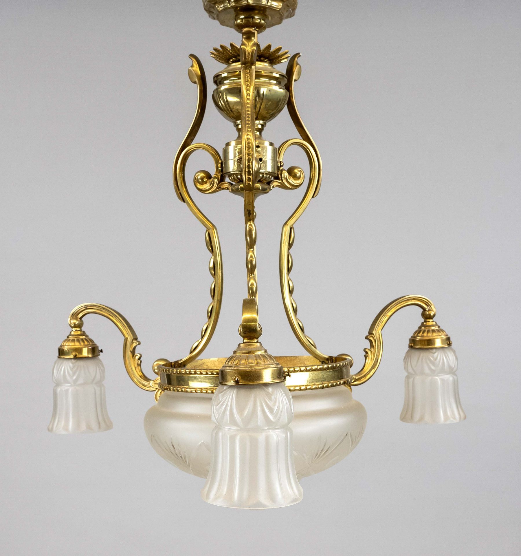 Hanging lamp, late 19th c. Brass tripod frame with 3 cantilevered curved chandelier arms. Lampshades