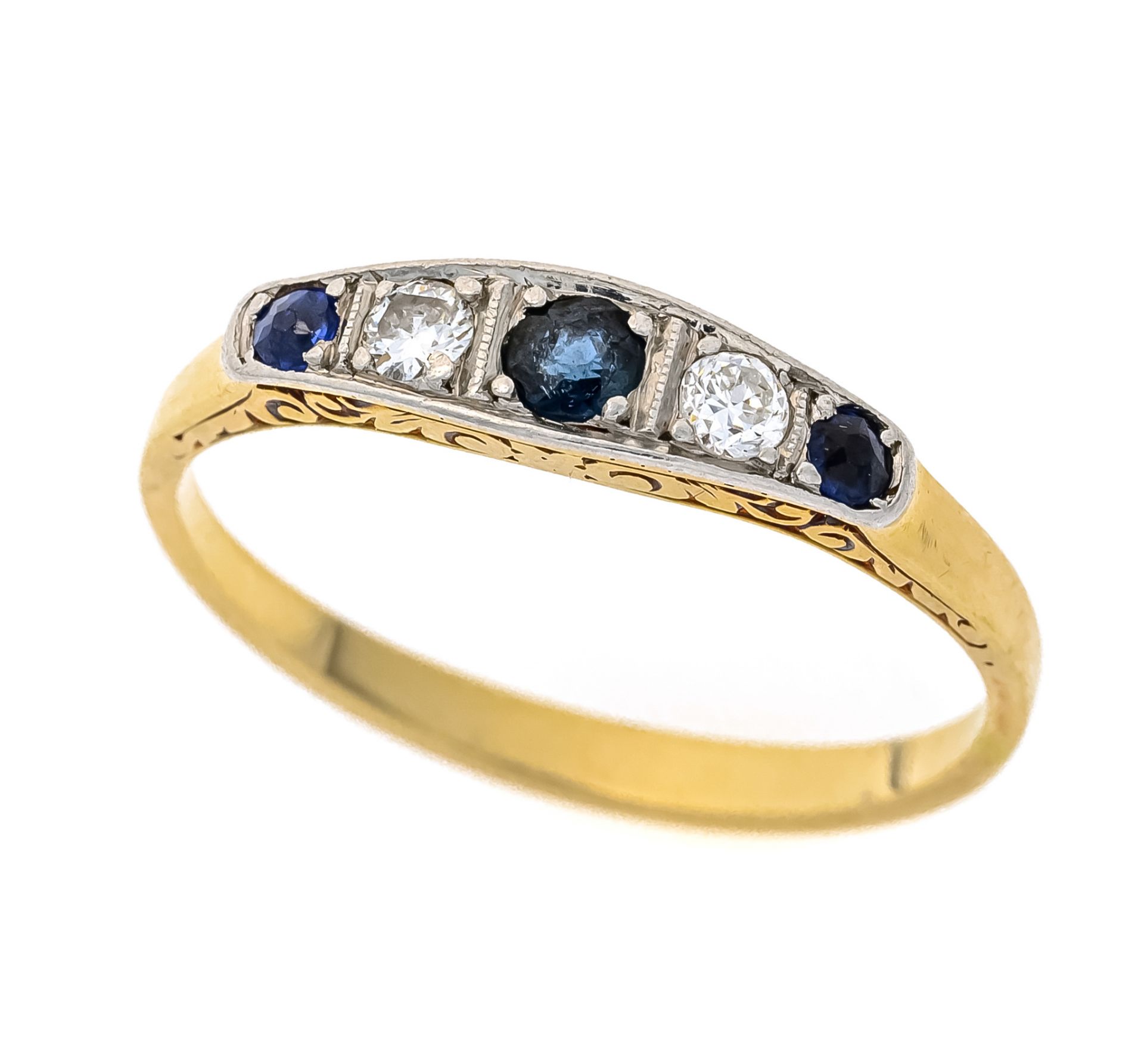 Art Deco sapphire old-cut diamond ring GG/WG 585/000 with 3 round faceted sapphires 3,0 - 1,7 mm,
