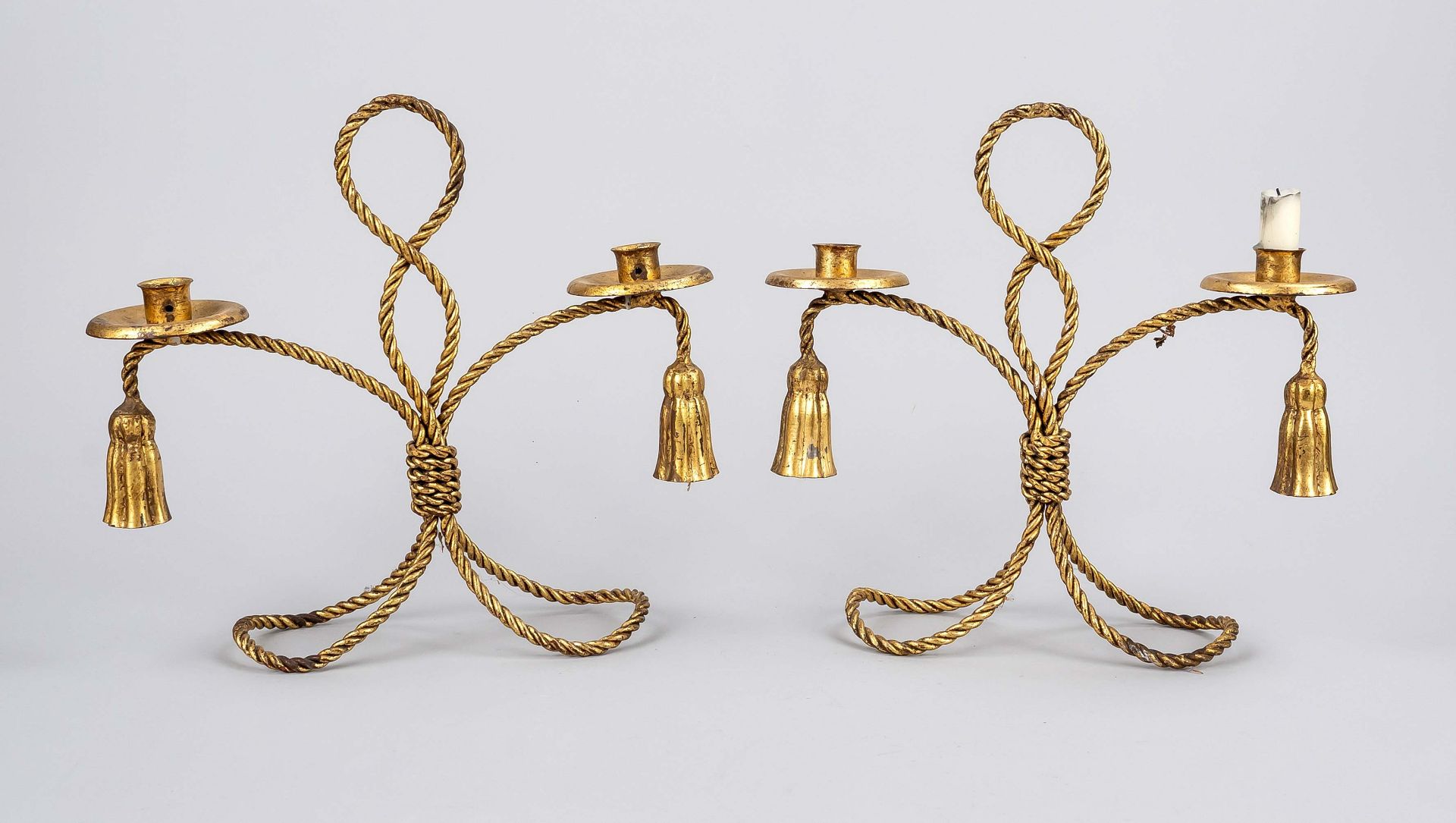 Pair of cord candlesticks, late 19th century, metal with residual gilding. Tassels at the ends, 2