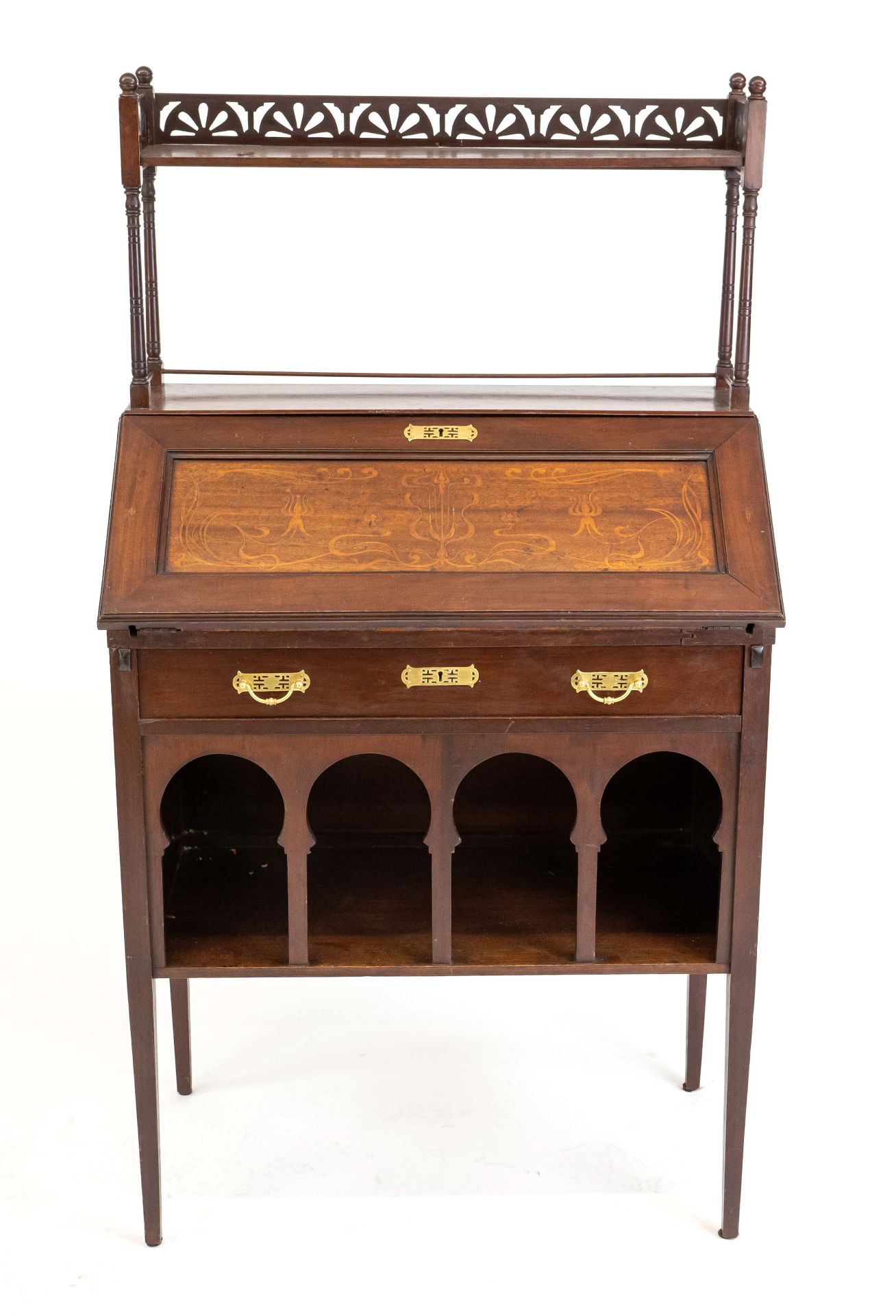 English Art Nouveau lady's secretary, mahogany, behind slanted and floral inlaid writing top free