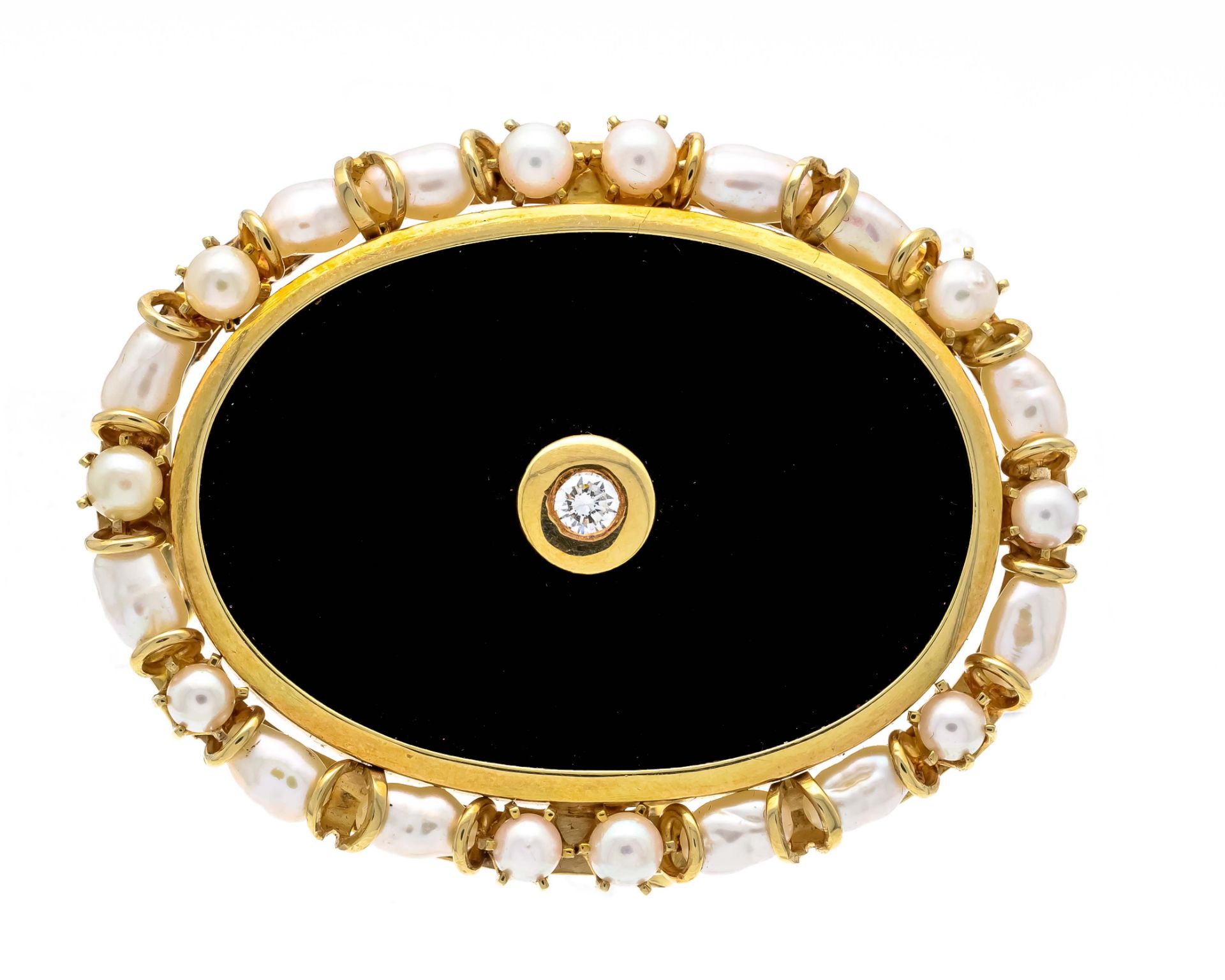 Onyx pearl shield brooch/pendant GG 585/000 with creamy white freshwater pearls 5 x 3.5 - 3.5 mm and