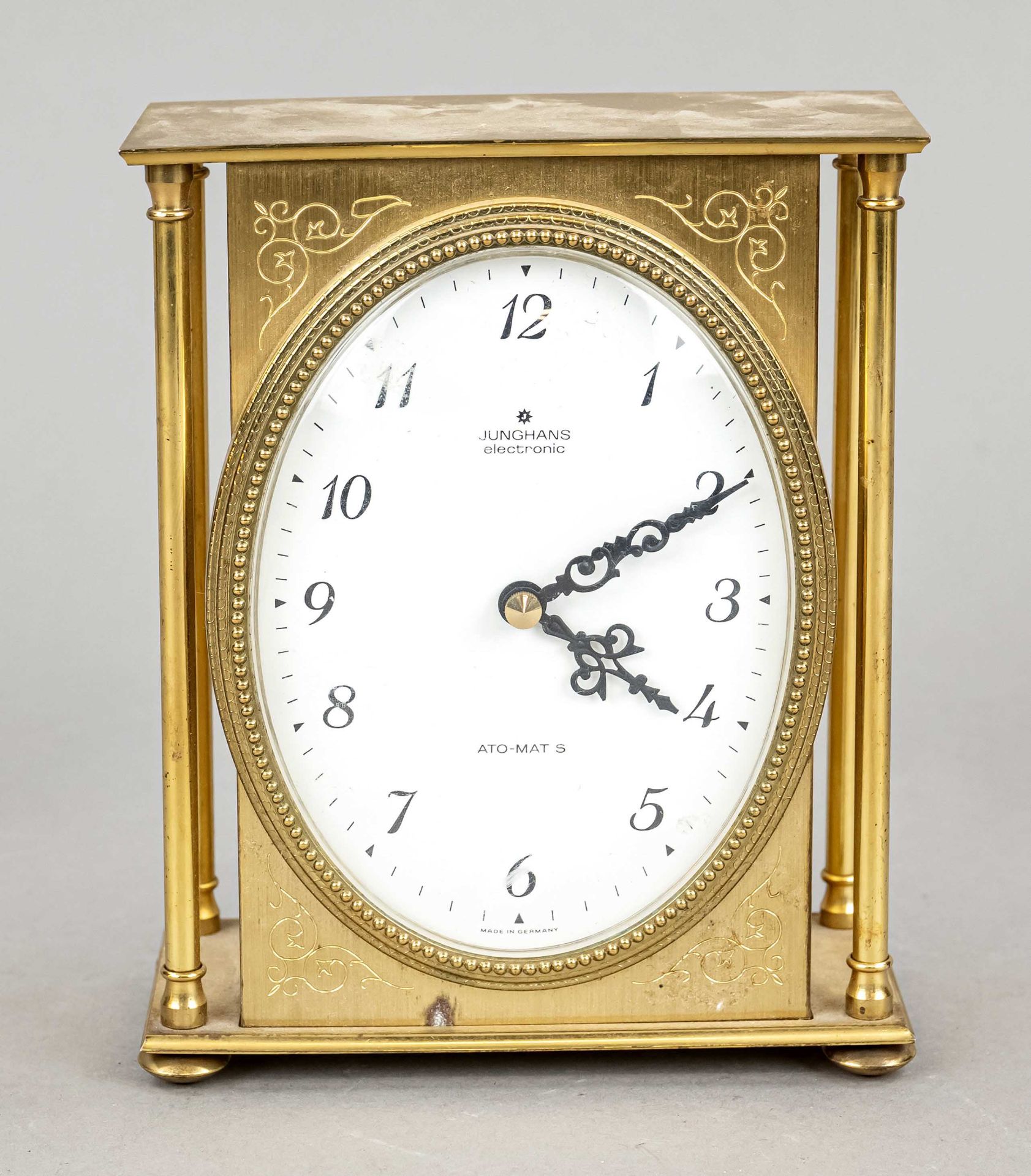 Table clock brass, Junghans electronic, ATO-Mat S, laterally decorated with columns, oval white dial