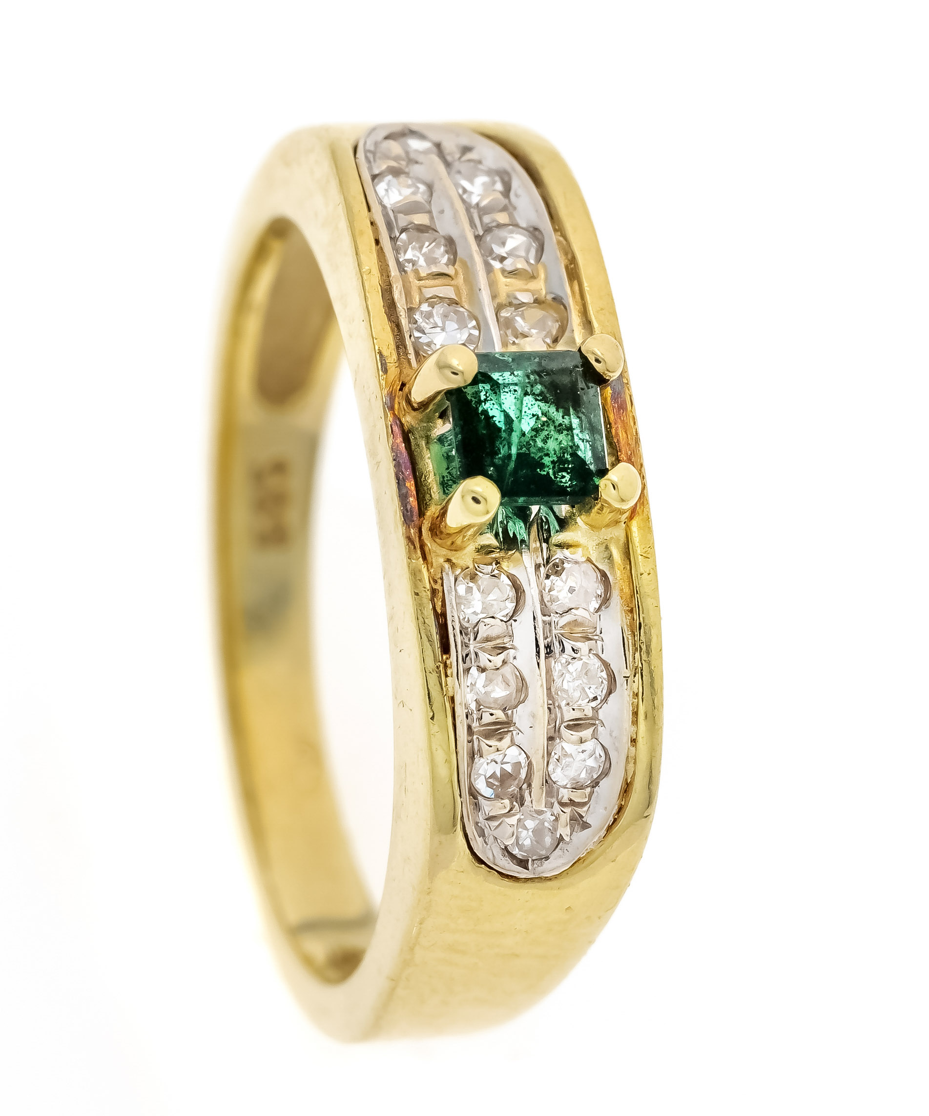Emerald diamond ring GG/WG 585/000 with one faceted emerald 3 mm and 14 diamonds, RG 52, 3,8 g