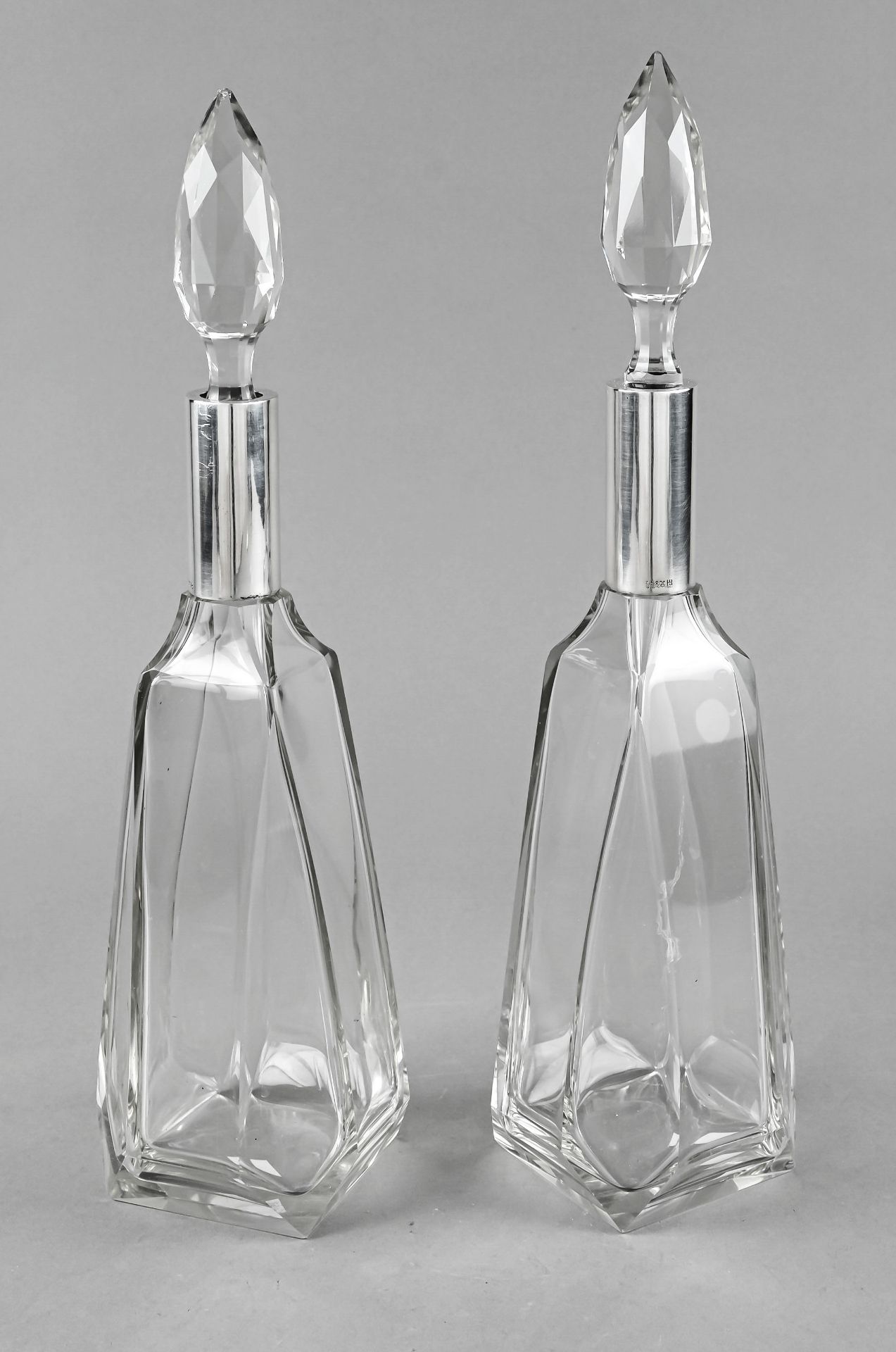 Pair of carafes with silver neck mounting, German, 20th c., maker's mark Hermann Behrnd, Dresden,