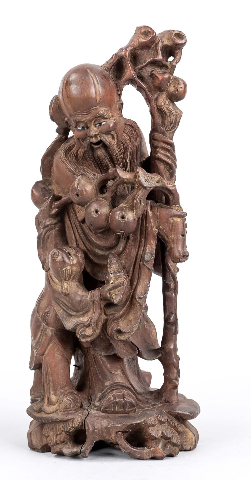 Longevity god and boy, China, 20th century, carved wood, shoulao with peaches and stick looking down