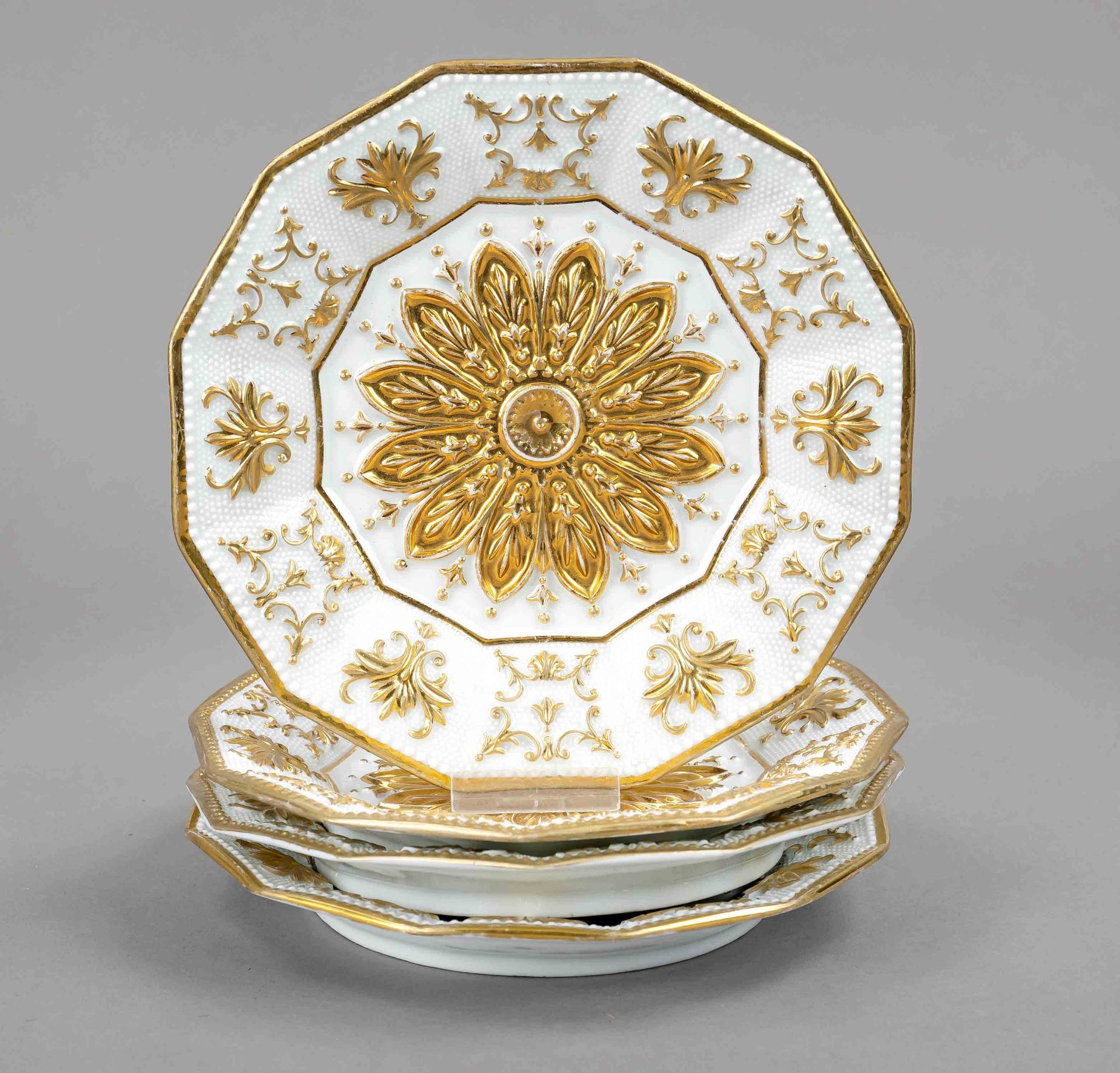 Four Biedermeier relief plates, Meissen, marks 1824-50, 1st choice, 12-edged form, richly reliefed