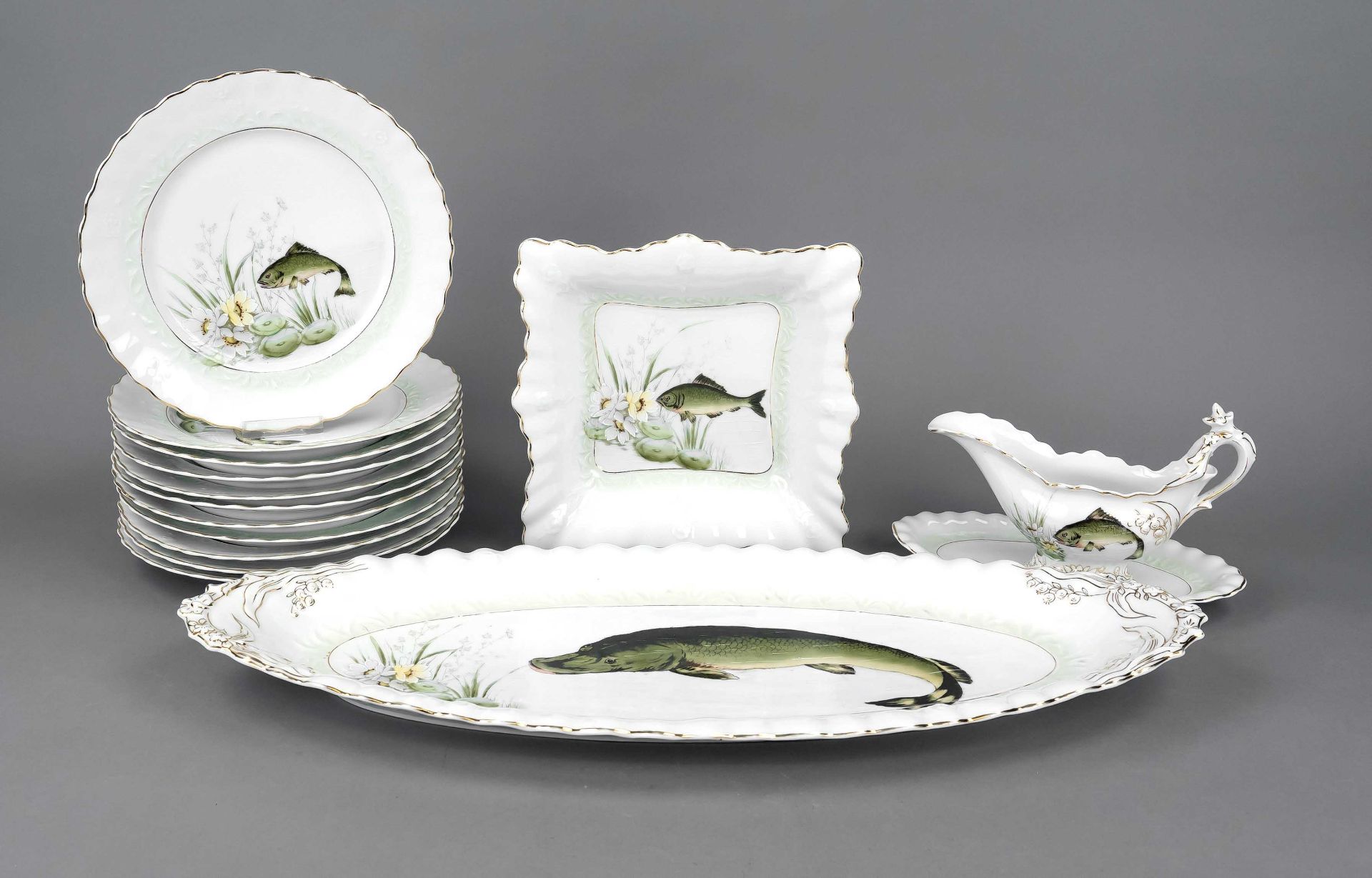 Art Nouveau fish service for 11 persons, 14 pieces, Hutschenreuther, Selb, mark 1882-1920,