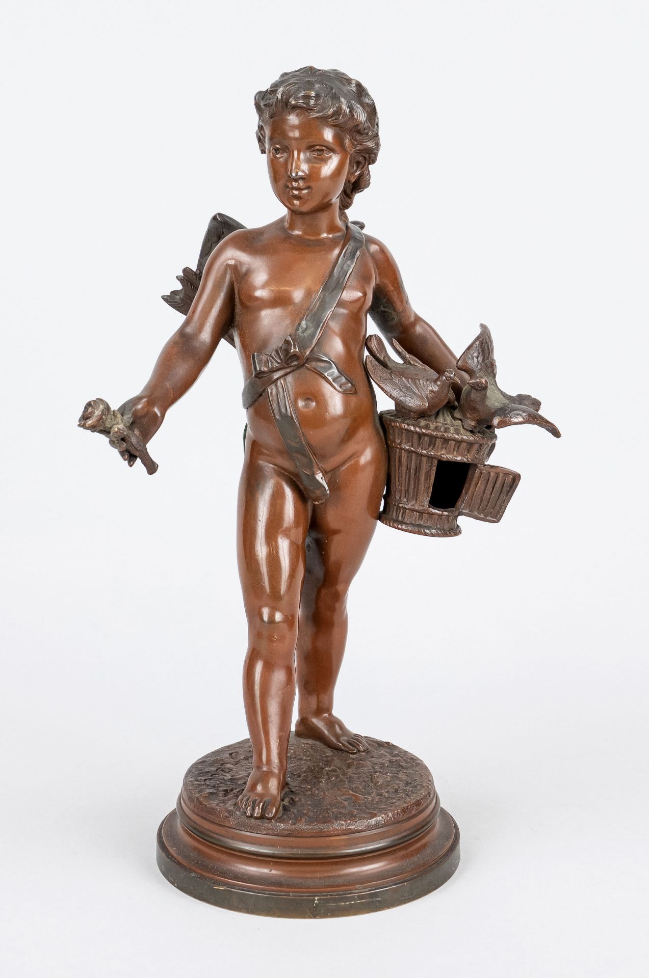 Charles Greil, French sculptor of the 19th c., Cupid with dove cage and rose, bronze patinated in